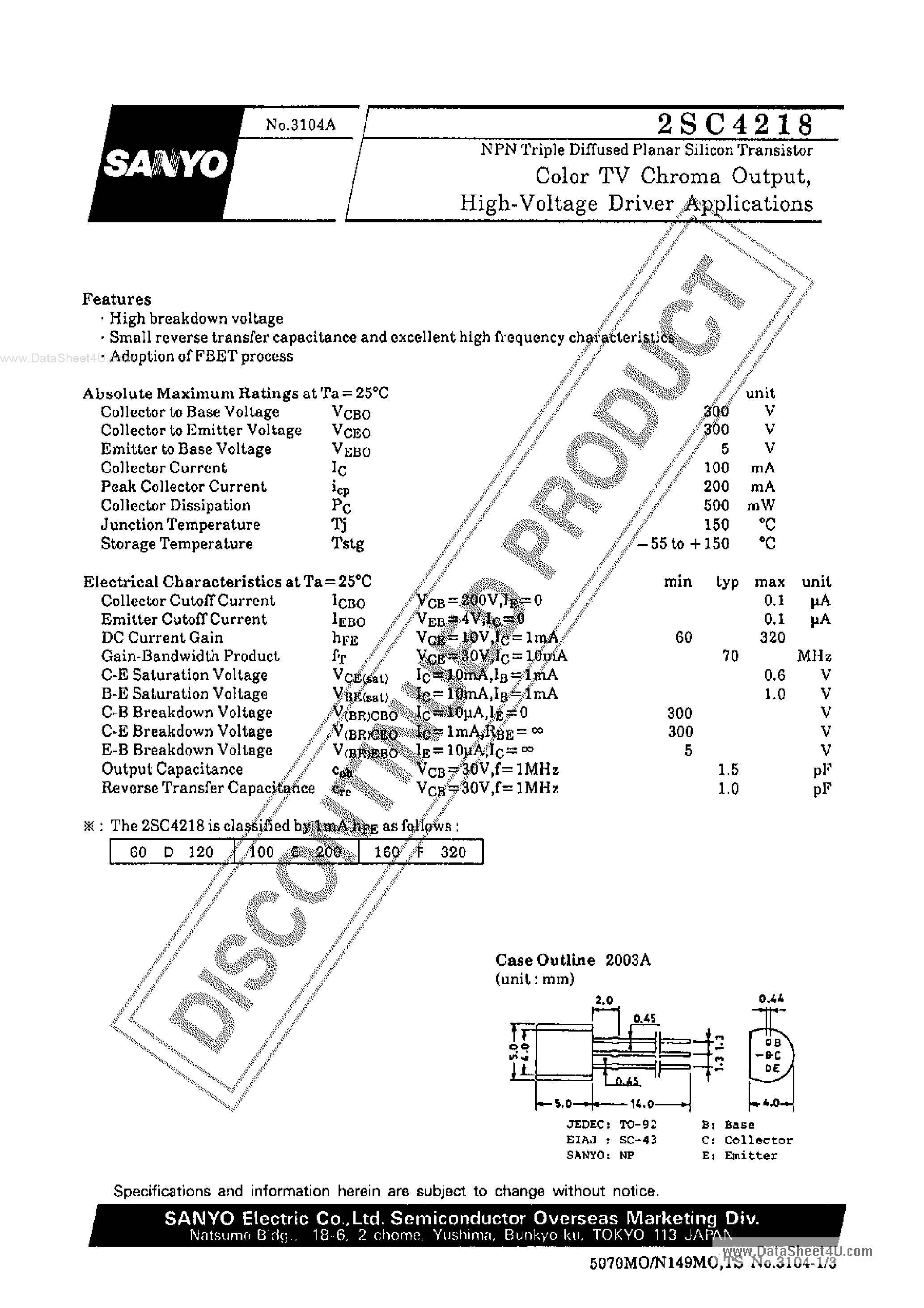 Datasheet 2SC4218 - High-Voltage Driver Applications page 1