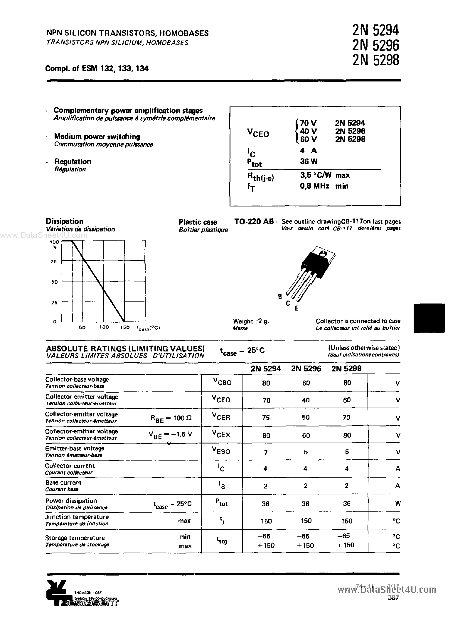 Datasheet 2N5294 - (2N5294 - 2N5298) Power Transistor page 1