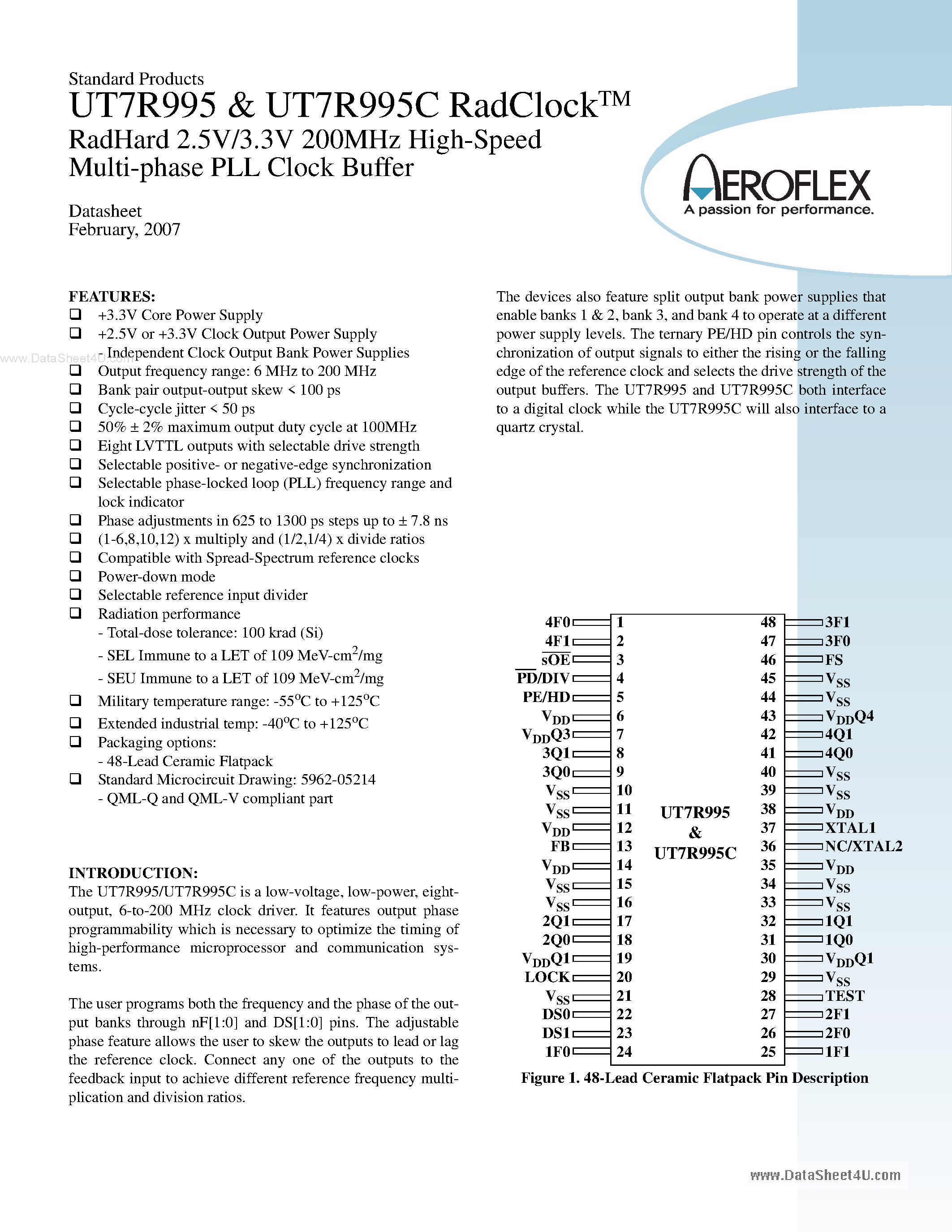 Datasheet UT7R995 page 1 Datasheet UT7R995 - RadHard 2.5V/3.3V 200MHz High-Speed Multi-phase PLL Clock Buffer page 1