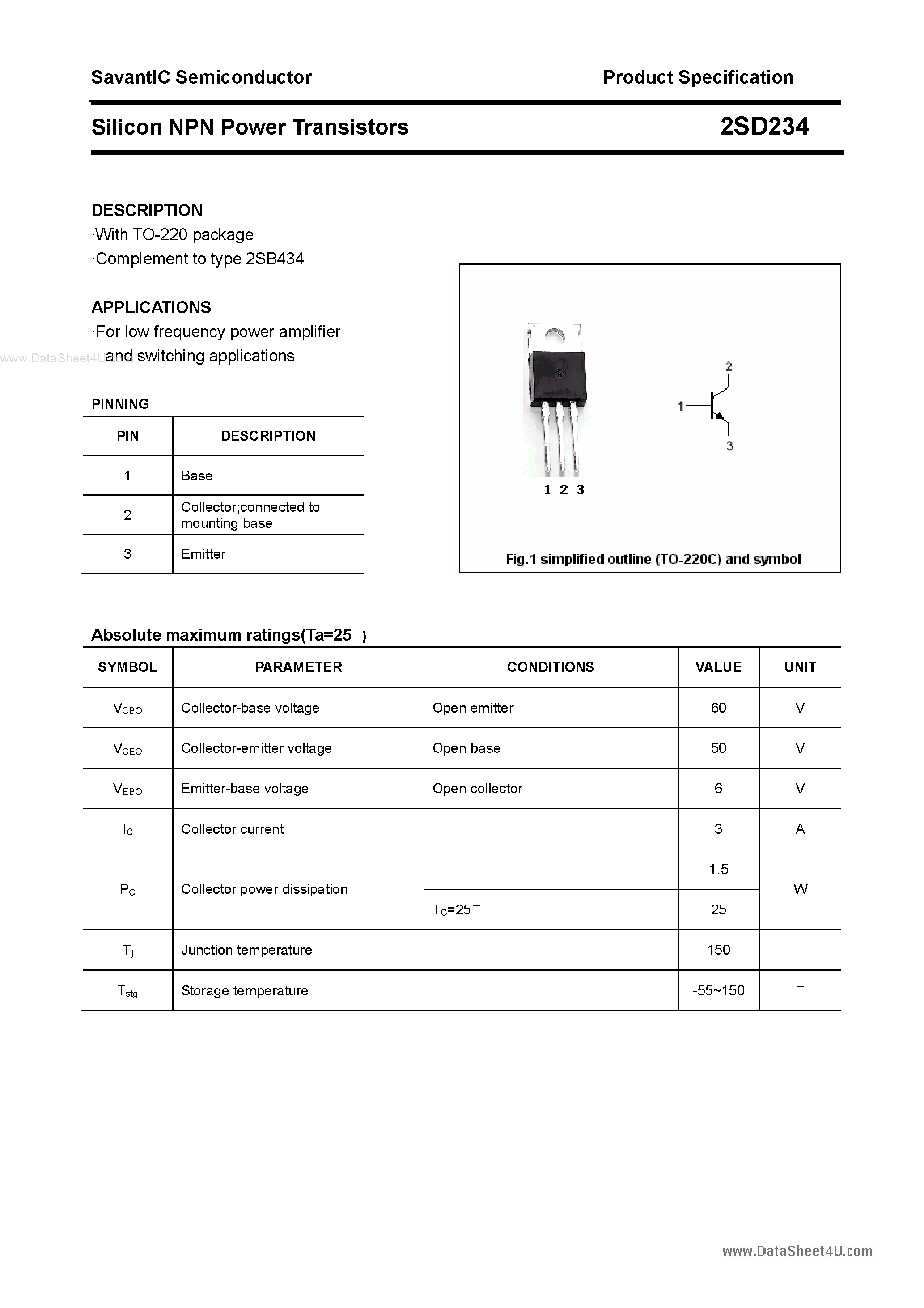 Даташит 2SD234 - Silicon NPN Power Transistors страница 1