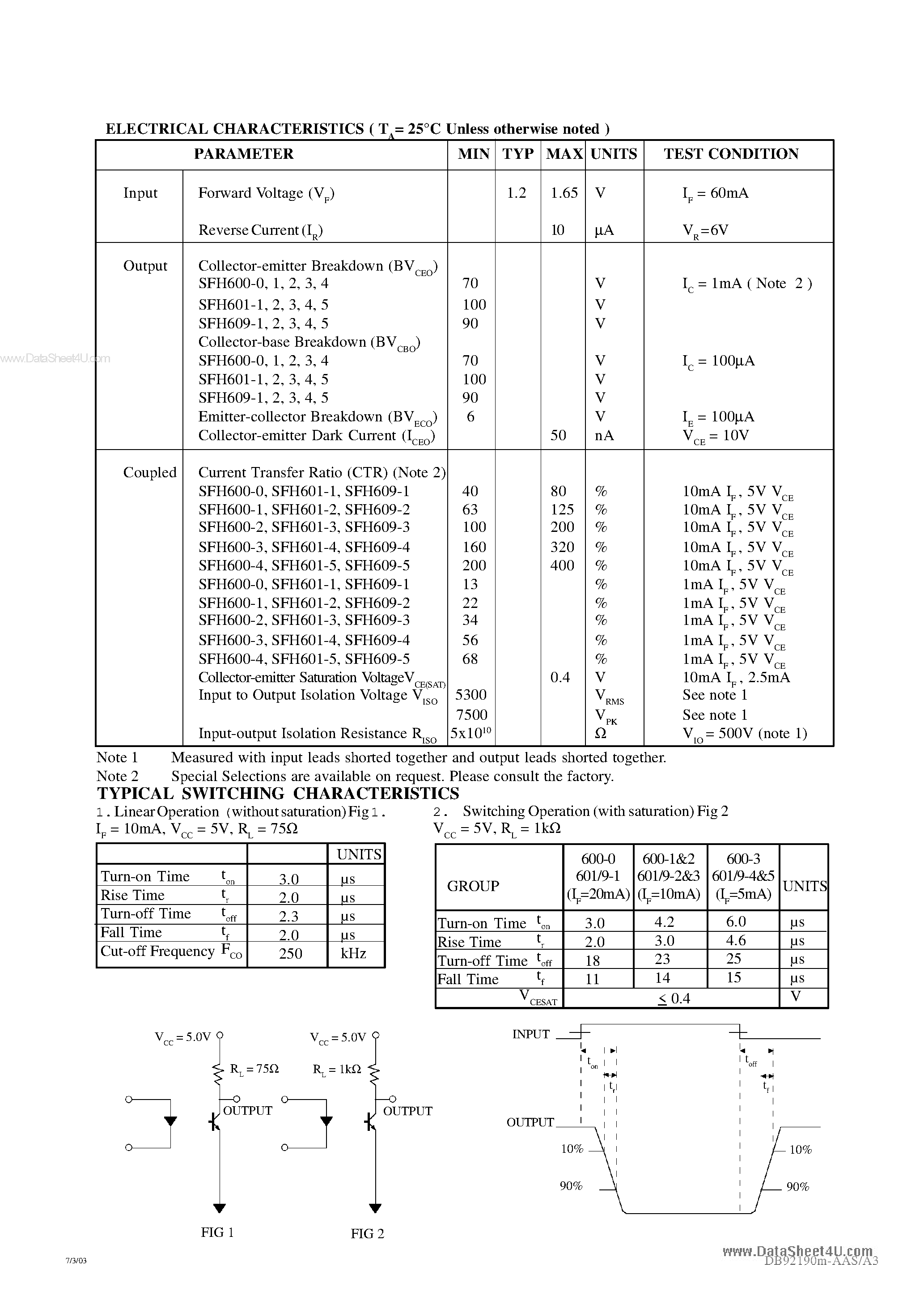 Datasheet SFH600-0 page 2 Datasheet SFH600-0 - (SFH60x-x) OPTICALLY COUPLED ISOLATOR PHOTOTRANSISTOR OUTPUT page 2