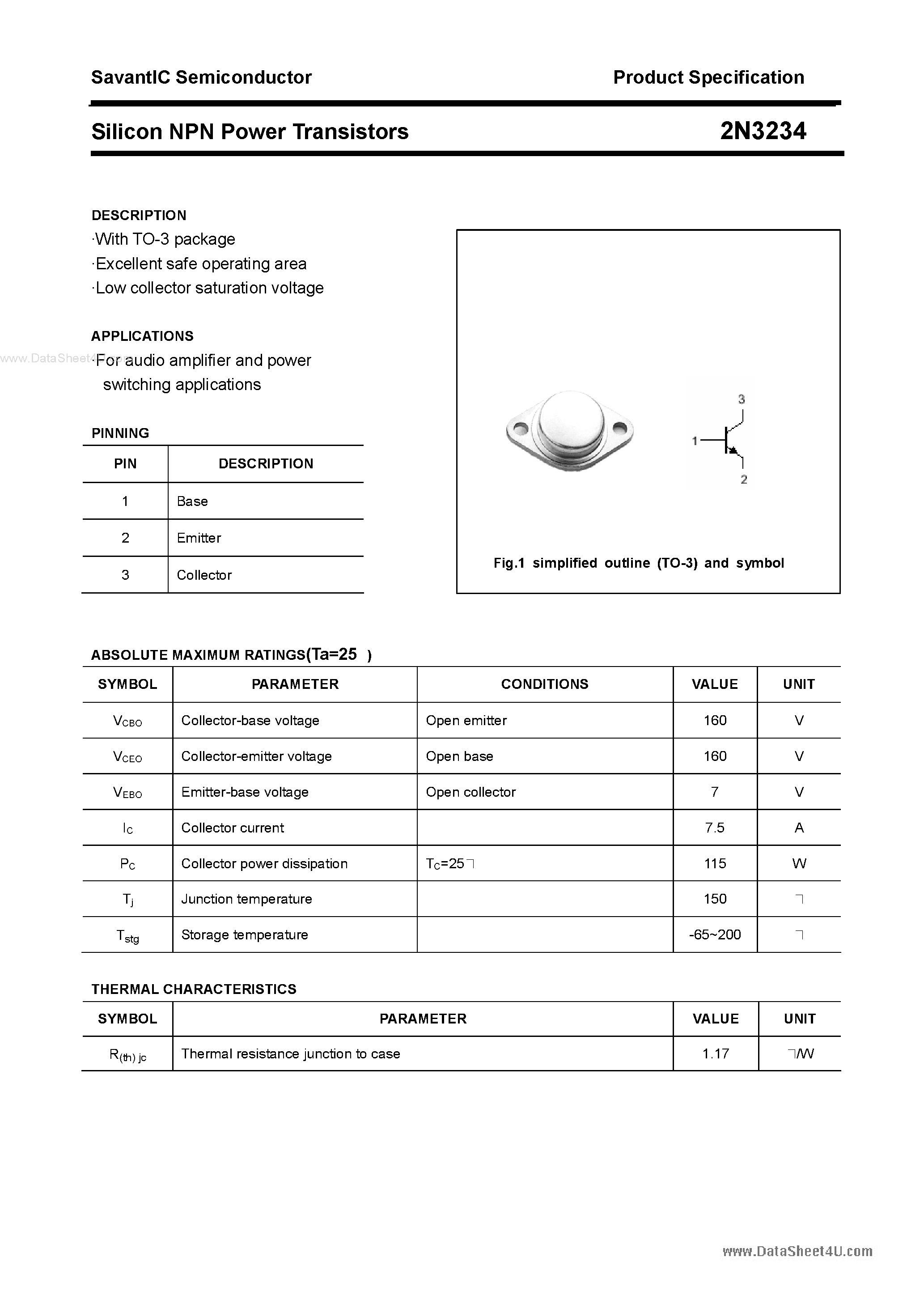 Даташит 2N3234 - Silicon NPN Power Transistors страница 1