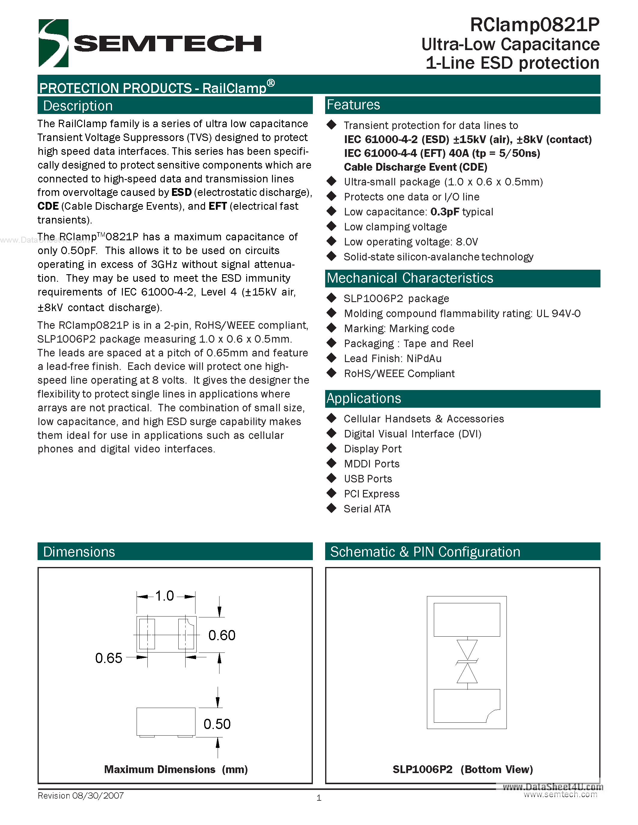 Datasheet RClamp0821P - Ultra-Low Capacitance 1-Line ESD protection page 1
