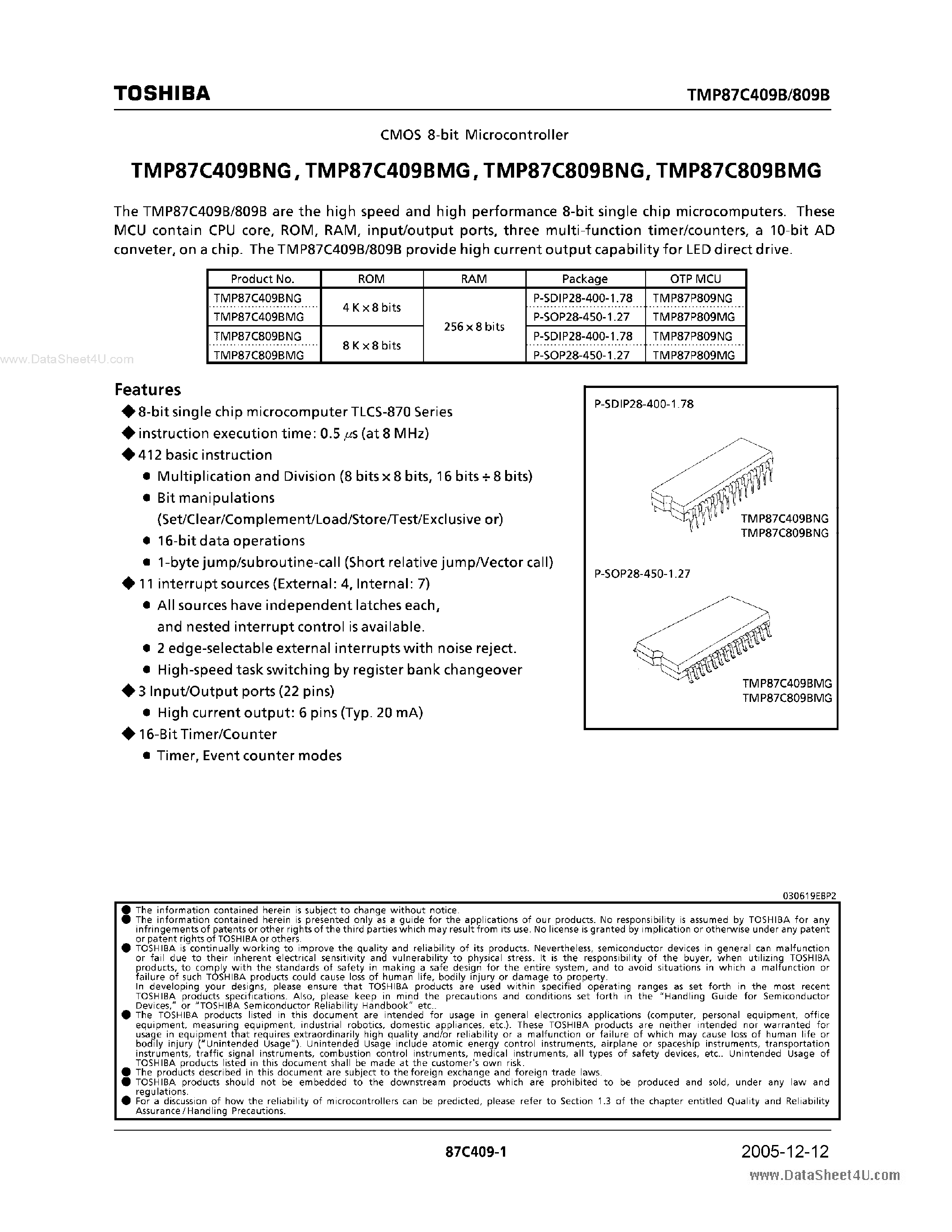 Даташит TMP87C409BMG - (TMP87Cx09BxG) CMOS 8-BIT MICROCONTROLLER страница 1