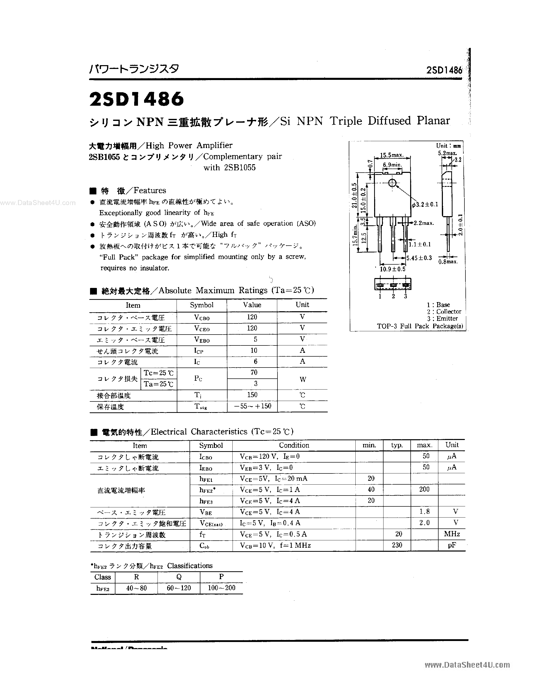 Datasheet 2SD1486 - Si NPN Triple Diffused Plannar page 1