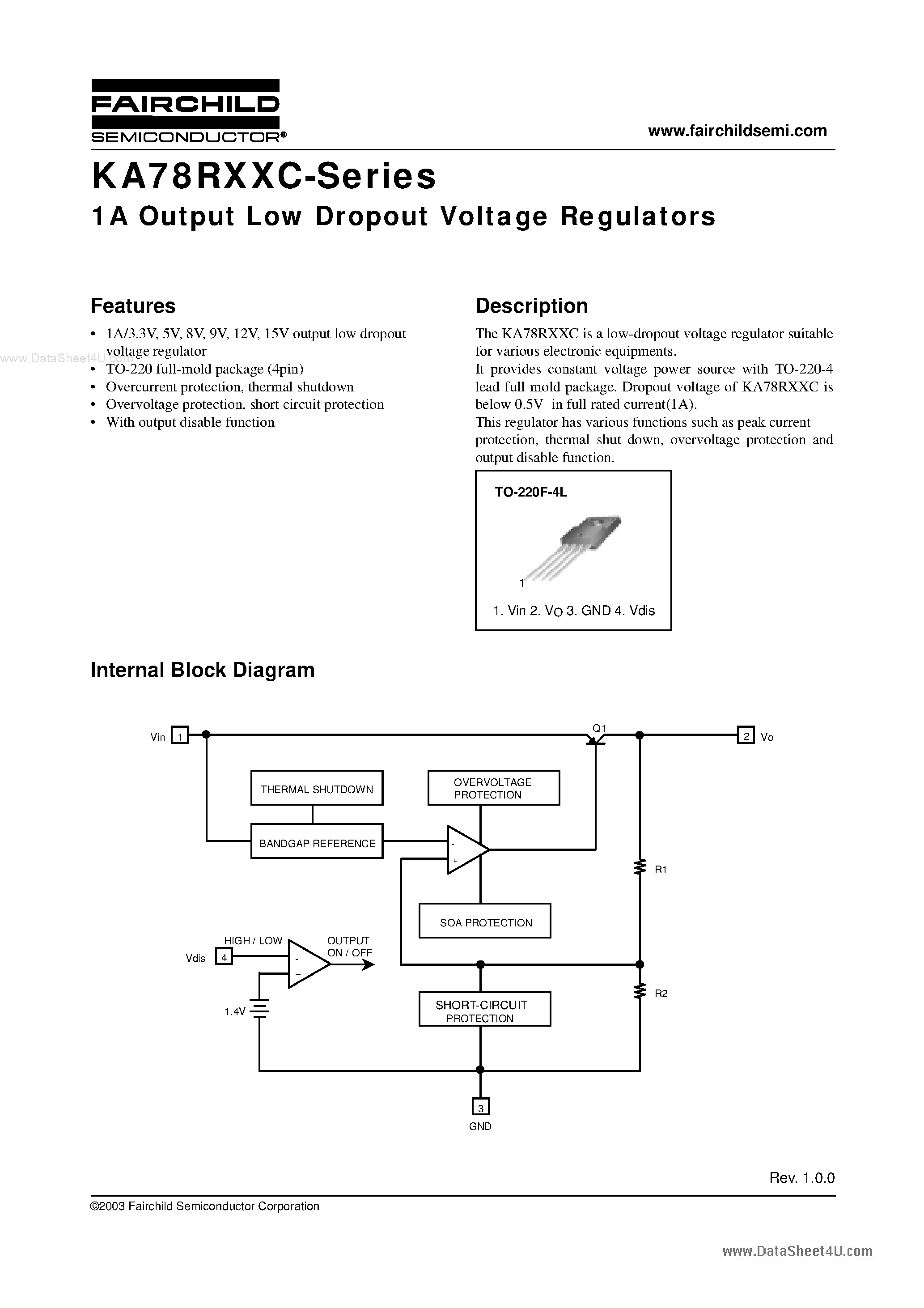 Datasheet KA78R05C - 1A Fixed 5V Low Dropout Voltage Regulator page 1