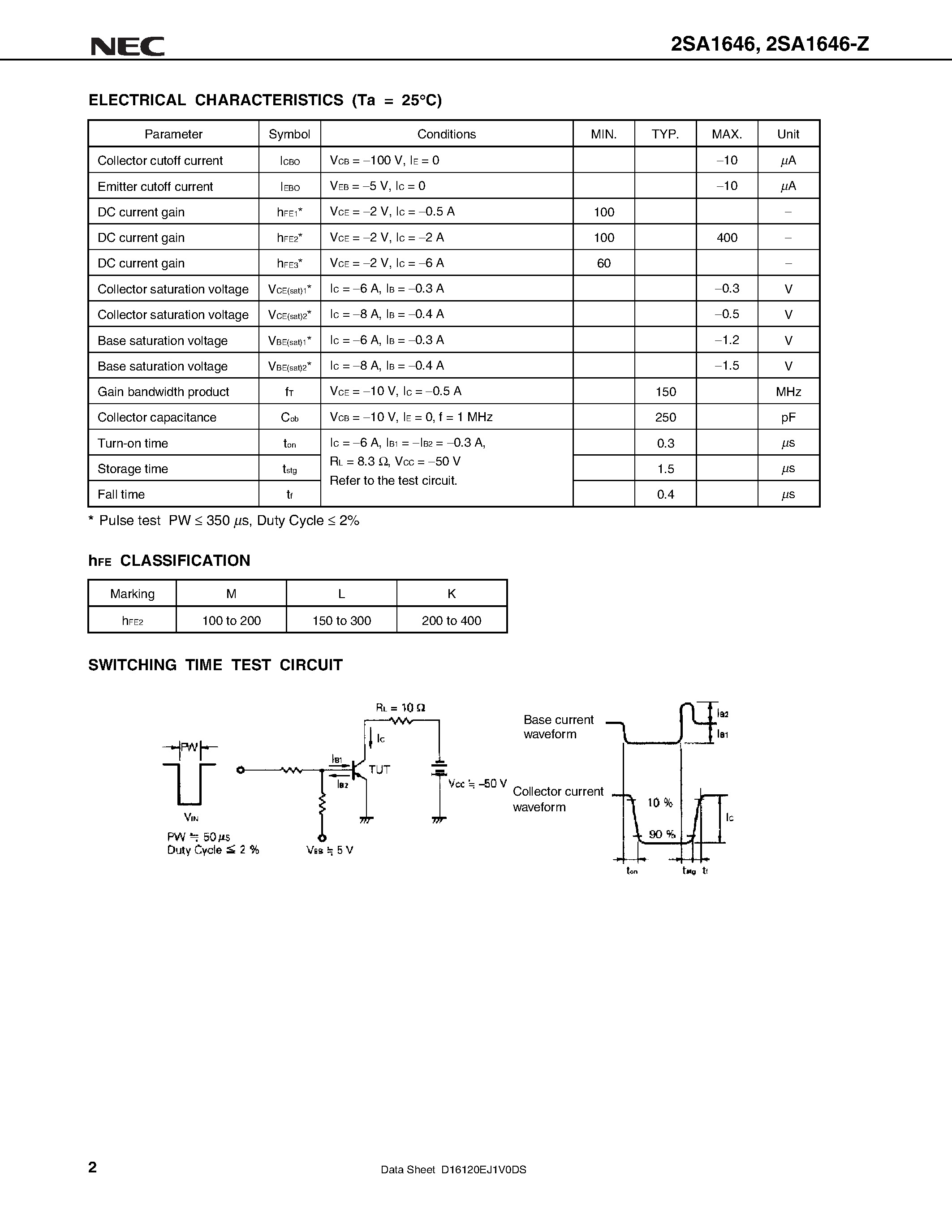 Datasheet 2SA1646 - PNP SILICON EPITAXIAL TRANSISTOR FOR HIGH-SPEED SWITCHING page 2