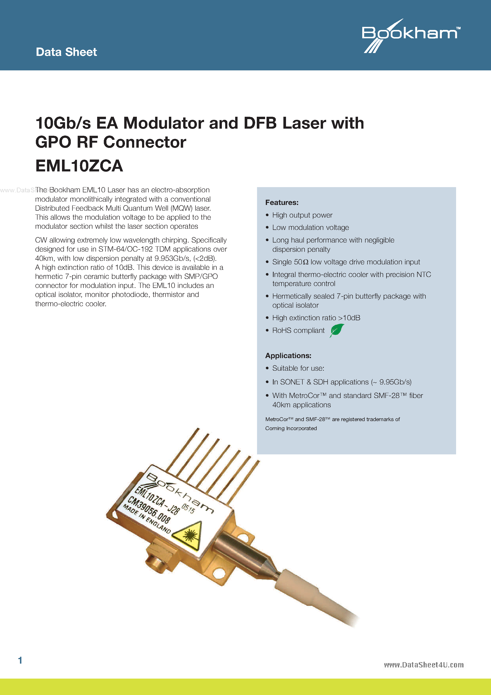 Datasheet EML10ZCA page 1 Datasheet EML10ZCA - 10Gb/s EA Modulator and DFB Laser page 1
