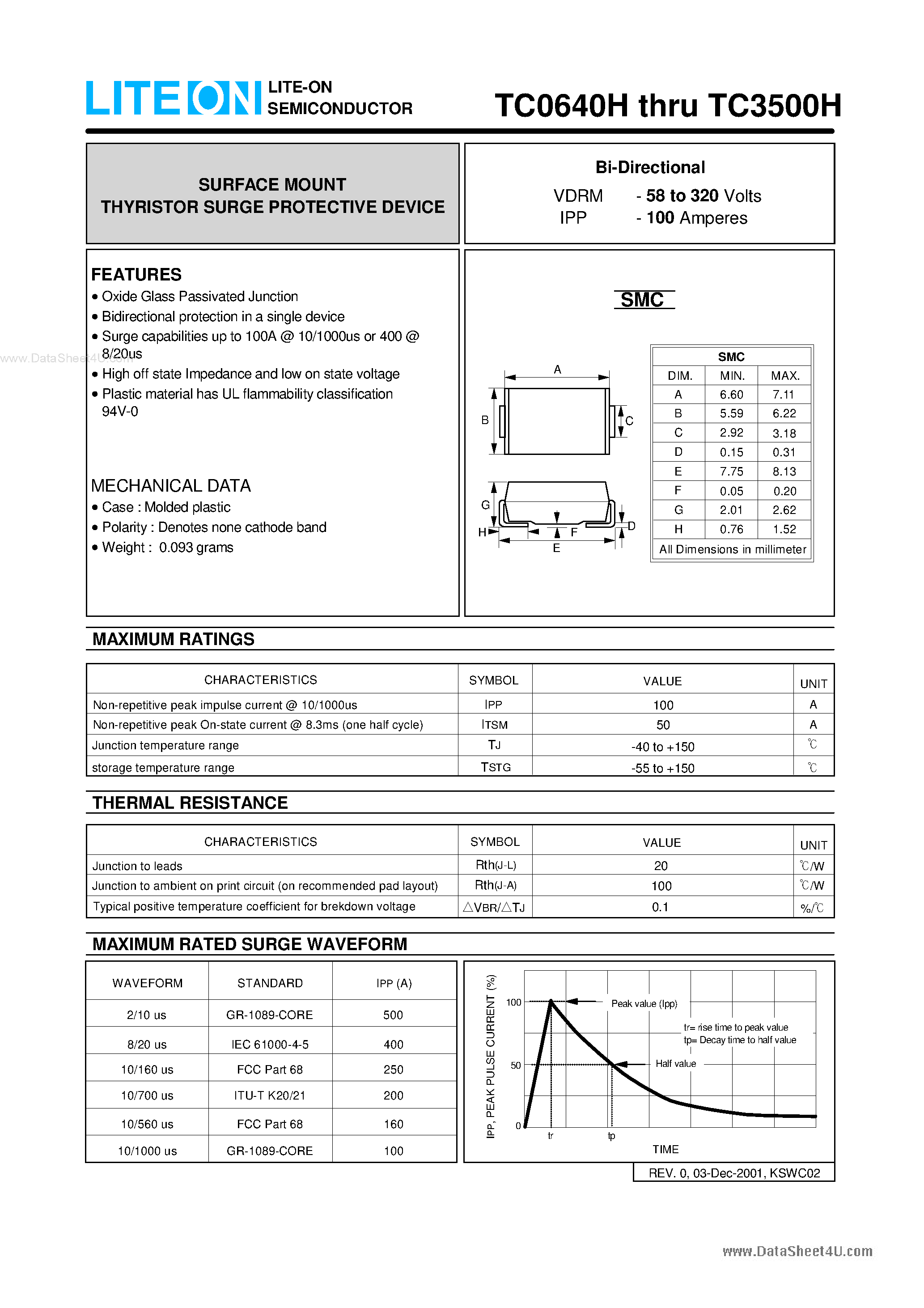 Datasheet TC3100H page 1 Datasheet TC3100H - (TC3x00H) SURFACE MOUNT THYRISTOR SURGE PROTECTIVE DEVICE page 1
