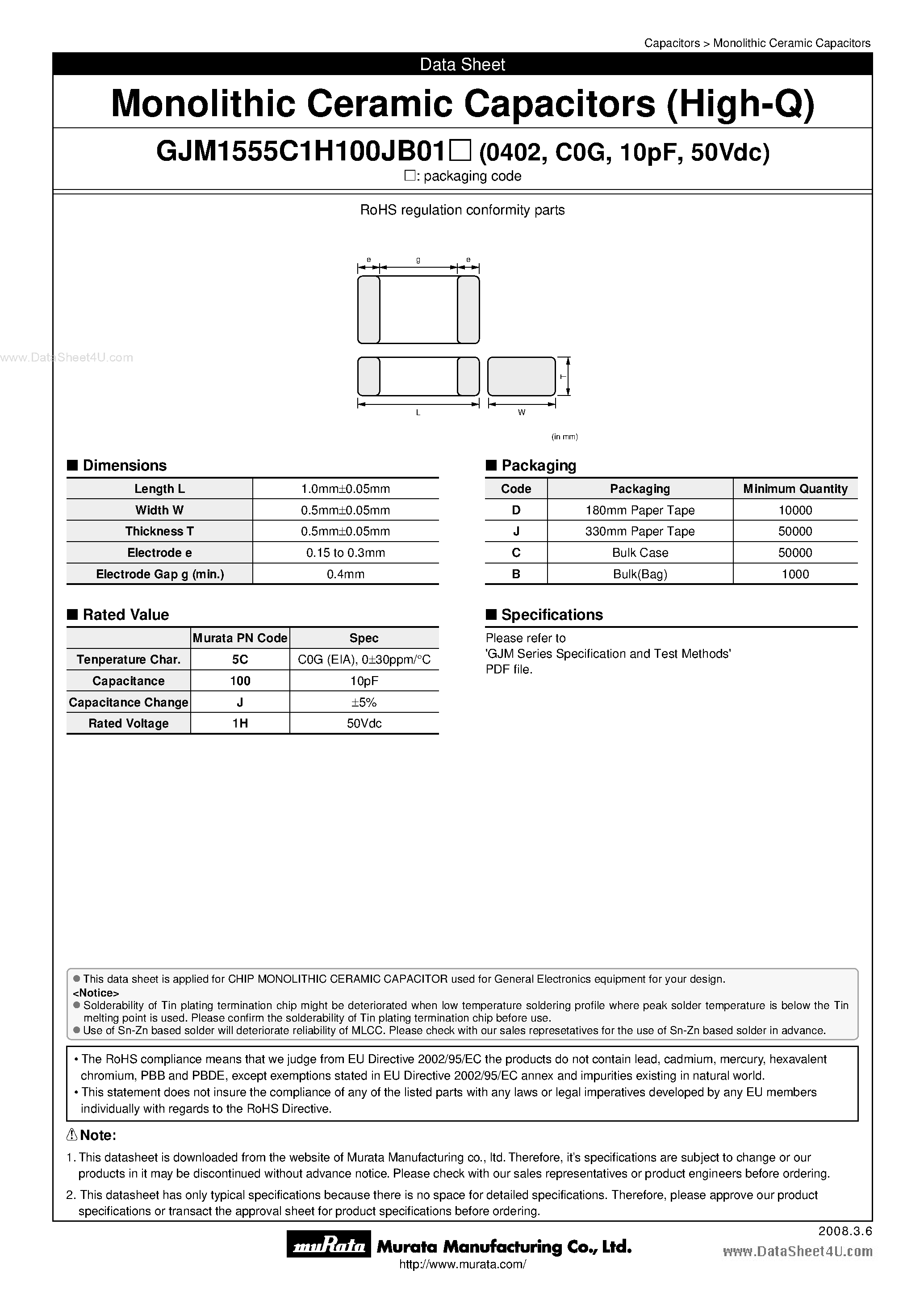 Datasheet GJM1555C1H100JB01 - Monolithic Ceramic Capacitors page 1