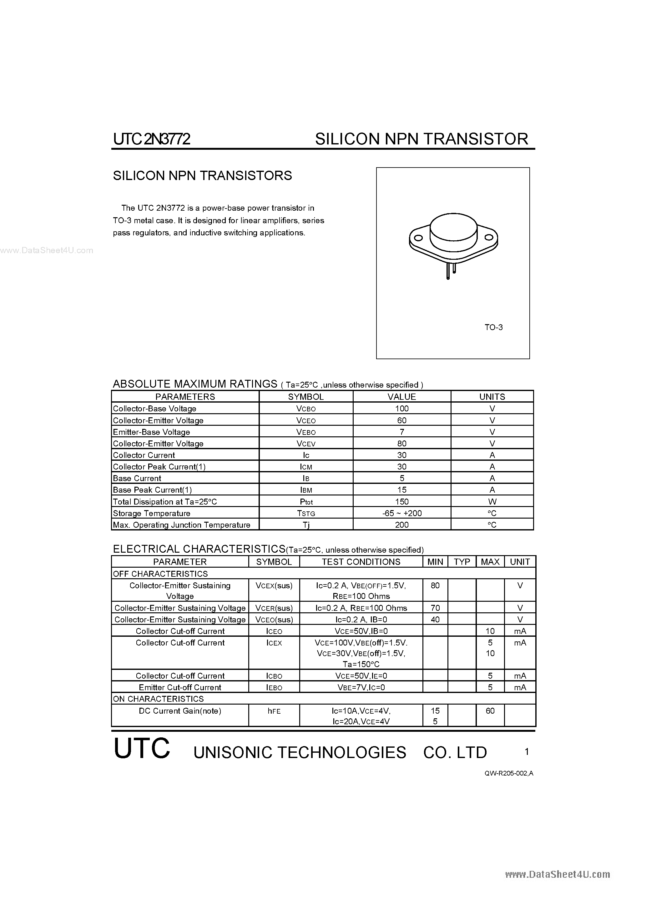 Datasheet 2N3772 - SILICON NPN TRANSISTOR page 1