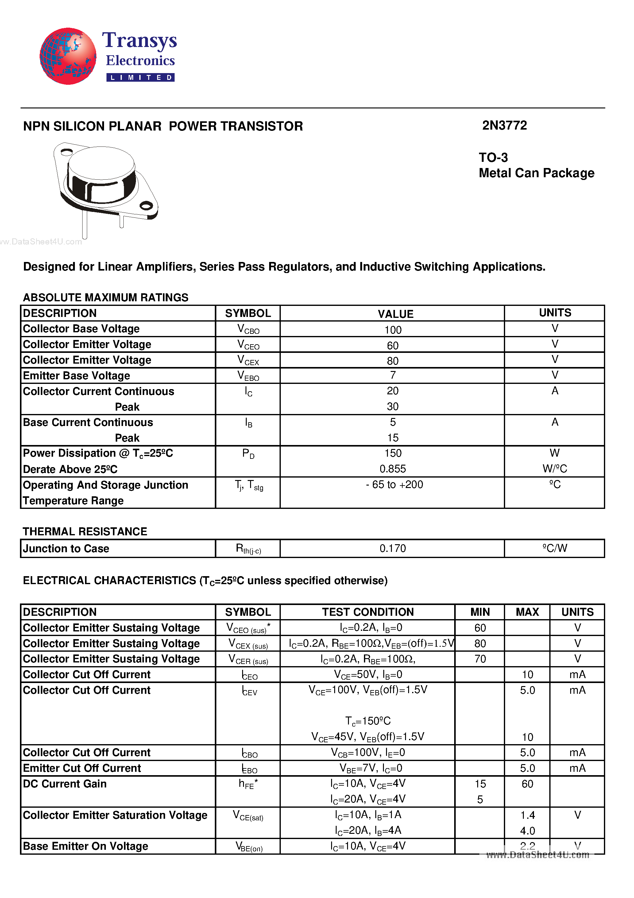 Datasheet 2N3772 - NPN SILICON PLANAR POWER TRANSISTOR page 1