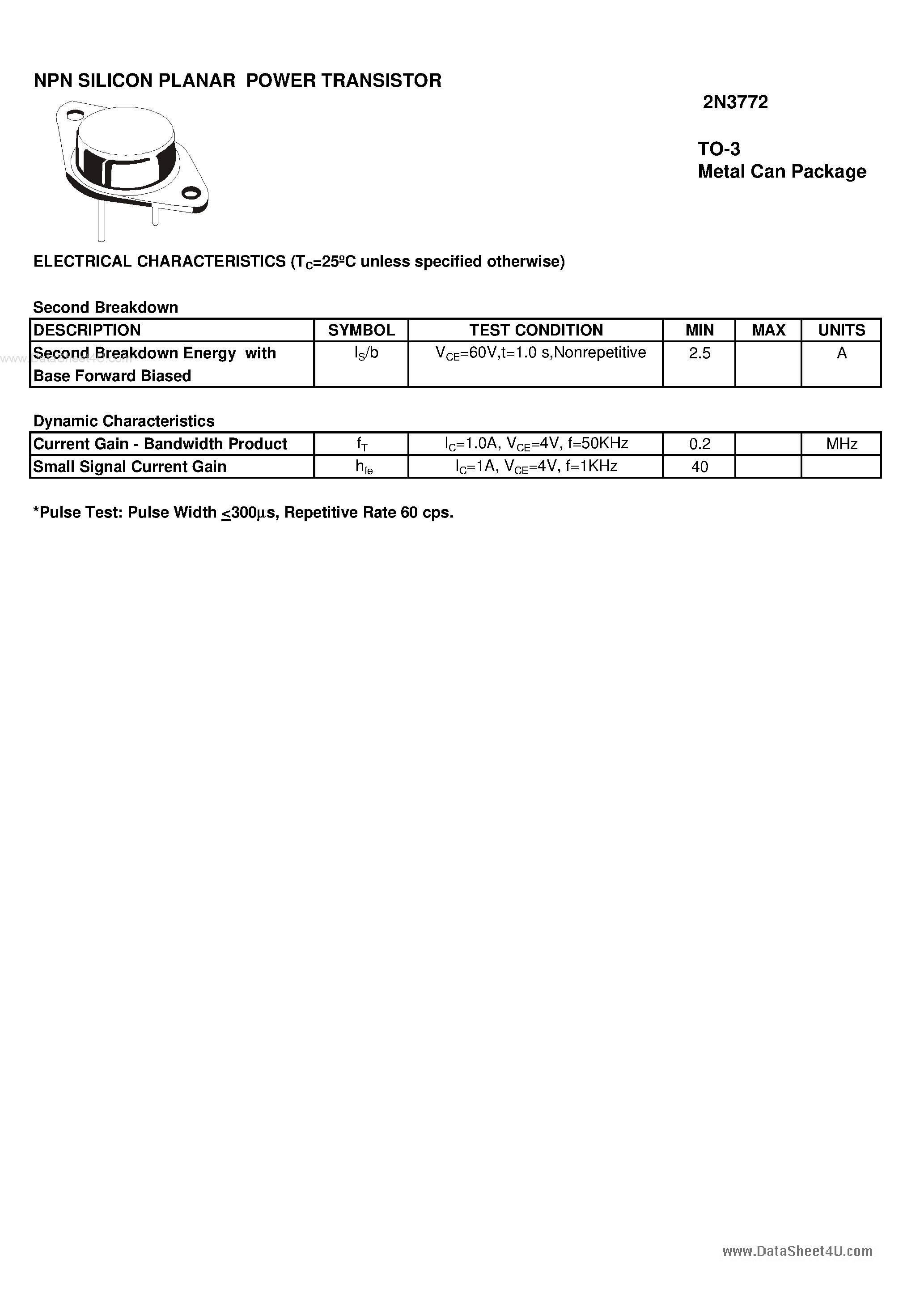 Datasheet 2N3772 - NPN SILICON PLANAR POWER TRANSISTOR page 2