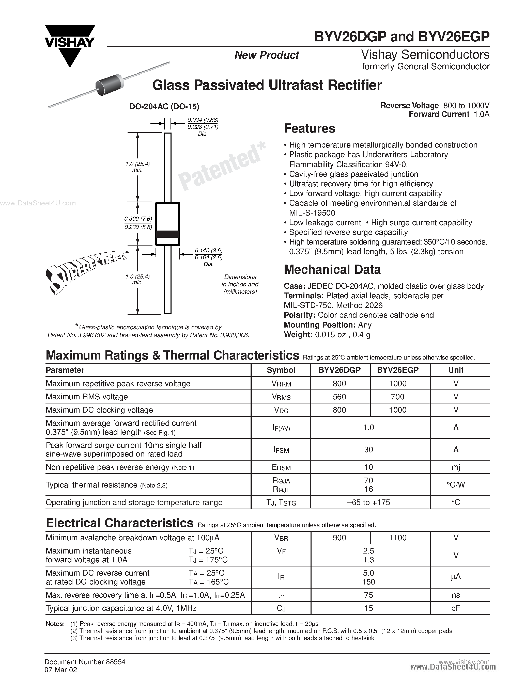 Datasheet BYV26DGP page 1 Datasheet BYV26DGP - (BYV26xGP) Glass Passivated Ultrafast Rectifier page 1