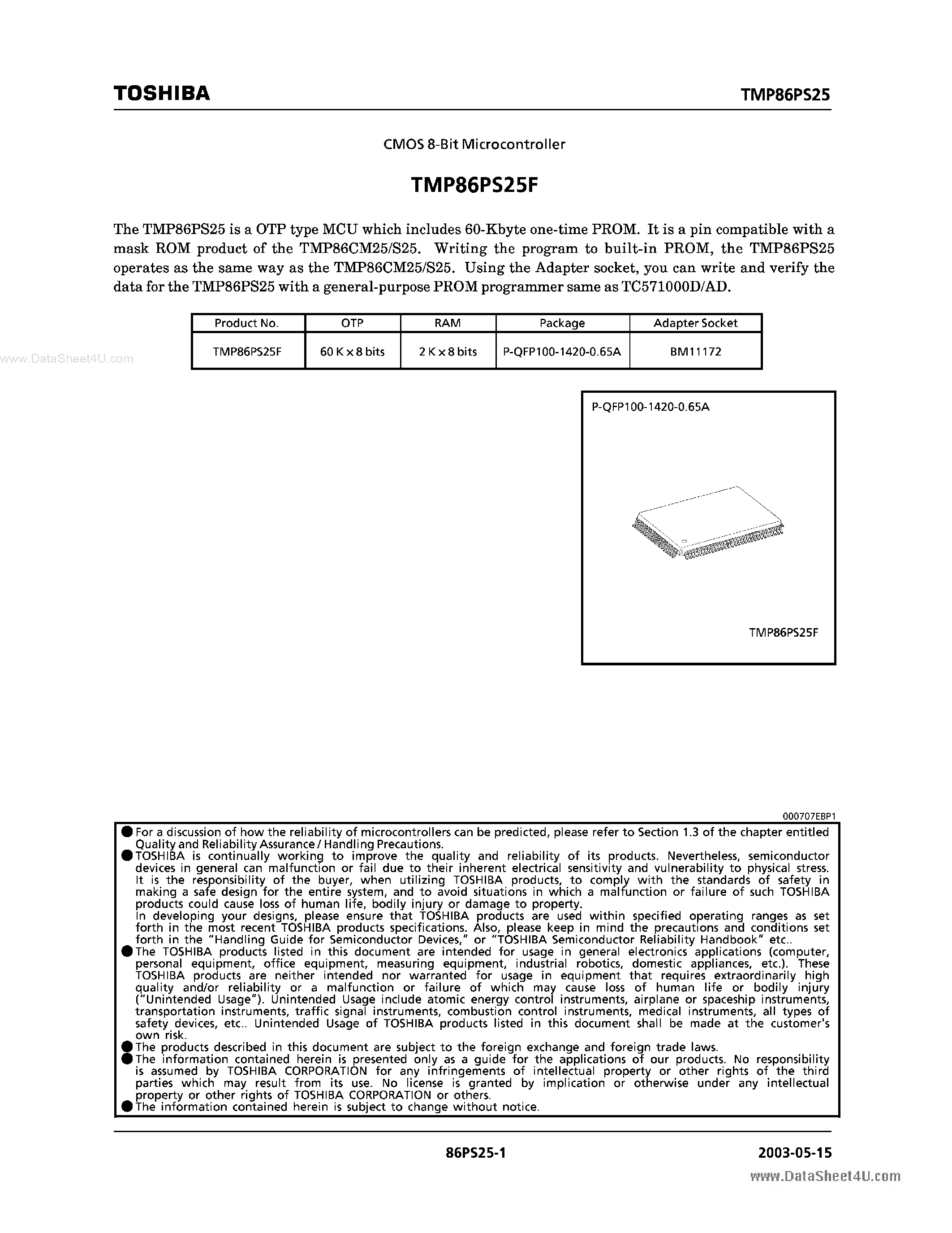Datasheet TMP86PS25F - 8-Bit Microcontroller page 1