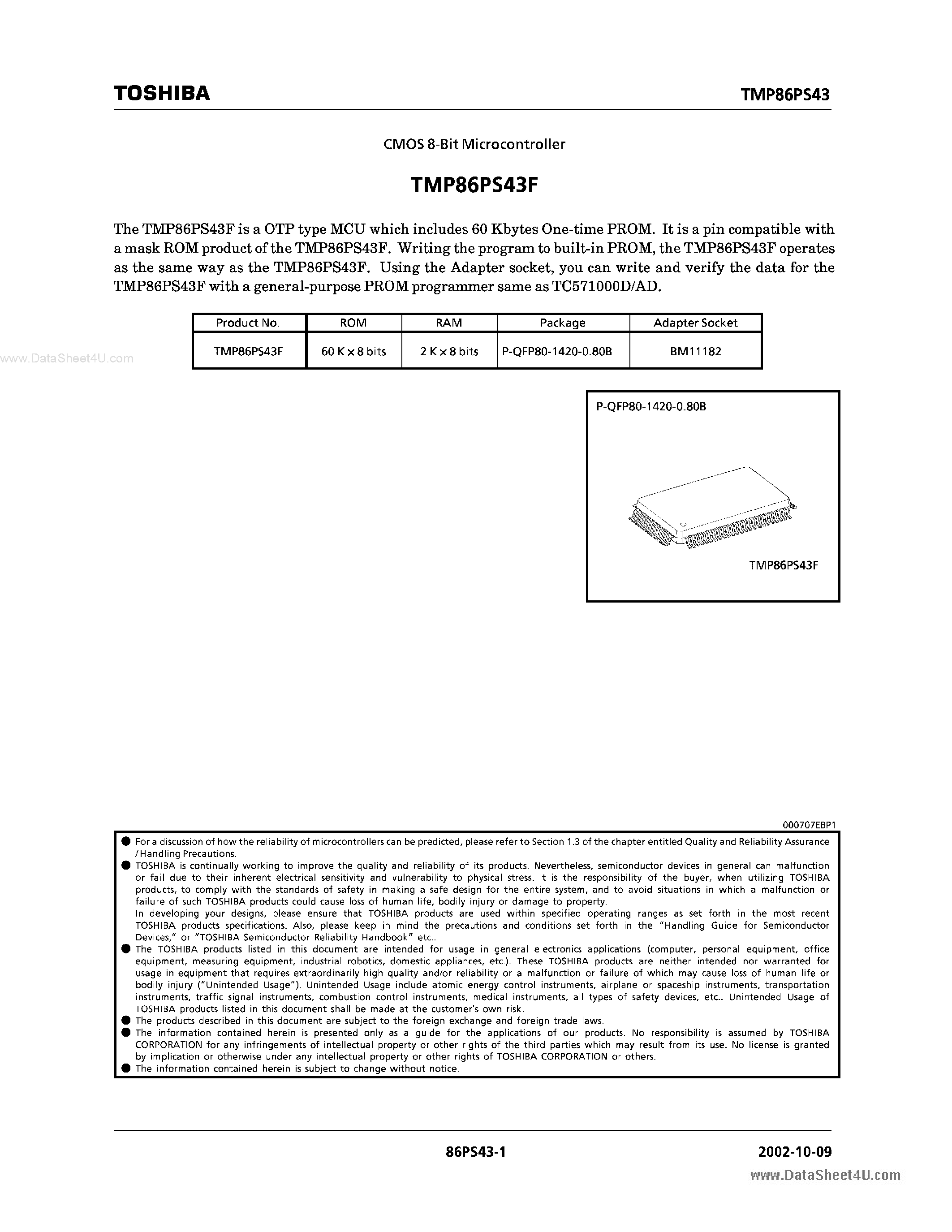 Datasheet TMP86PS43F - 8-Bit Microcontroller page 1