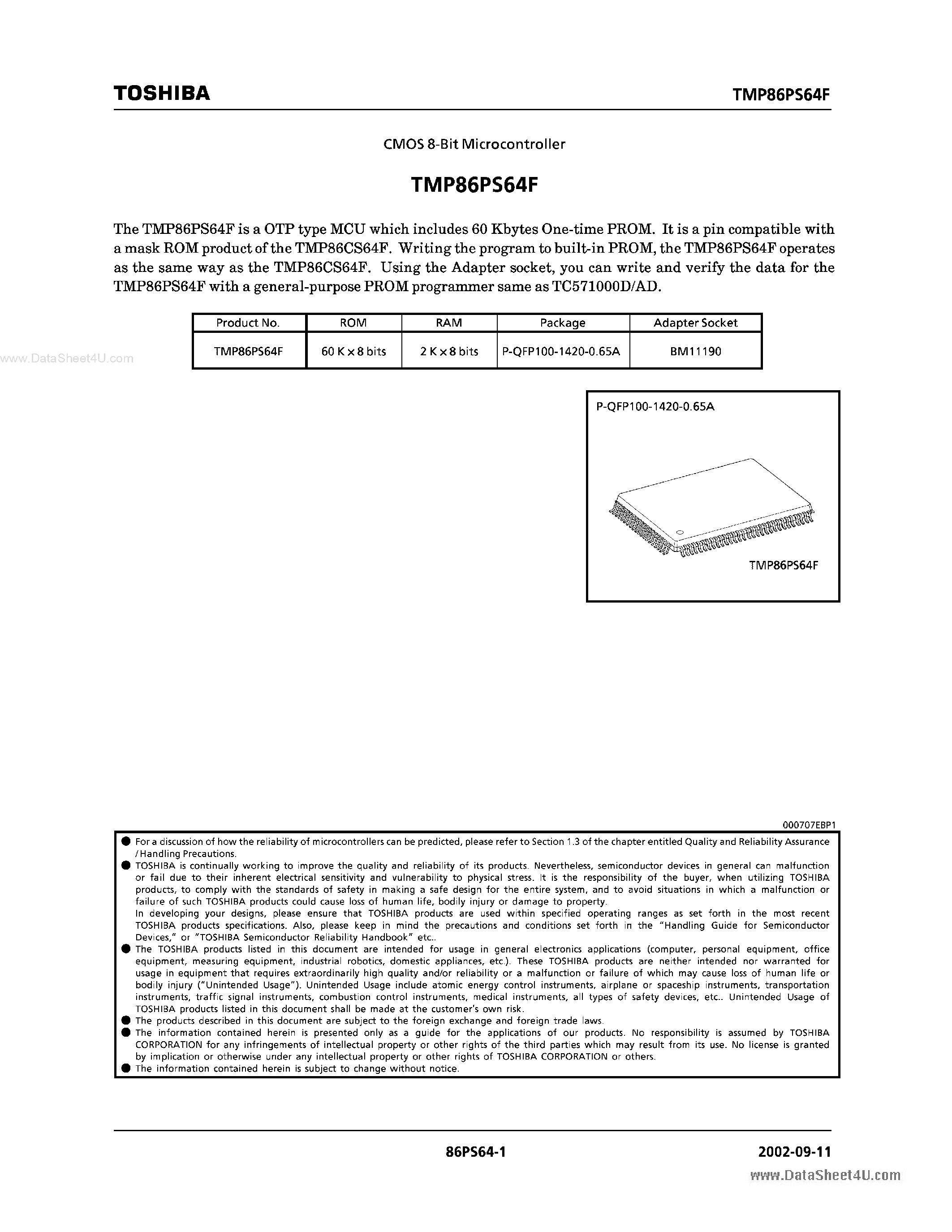 Даташит на микросхему TMP86PS64F страница 1 Даташит TMP86PS64F - 8-Bit Microcontroller страница 1