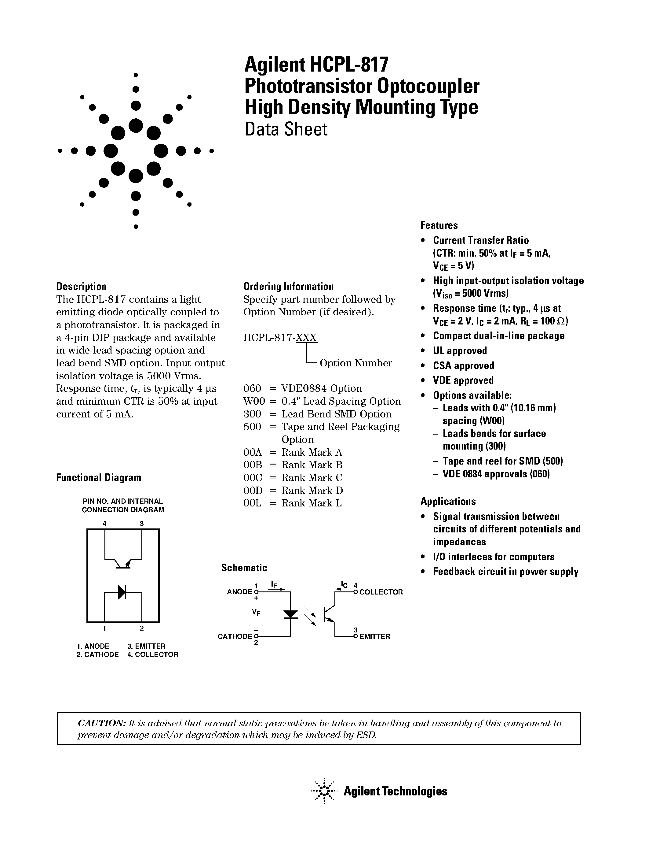 Даташит HCPL817-300 - Phototransistor Optocoupler High Density Mounting Type страница 1