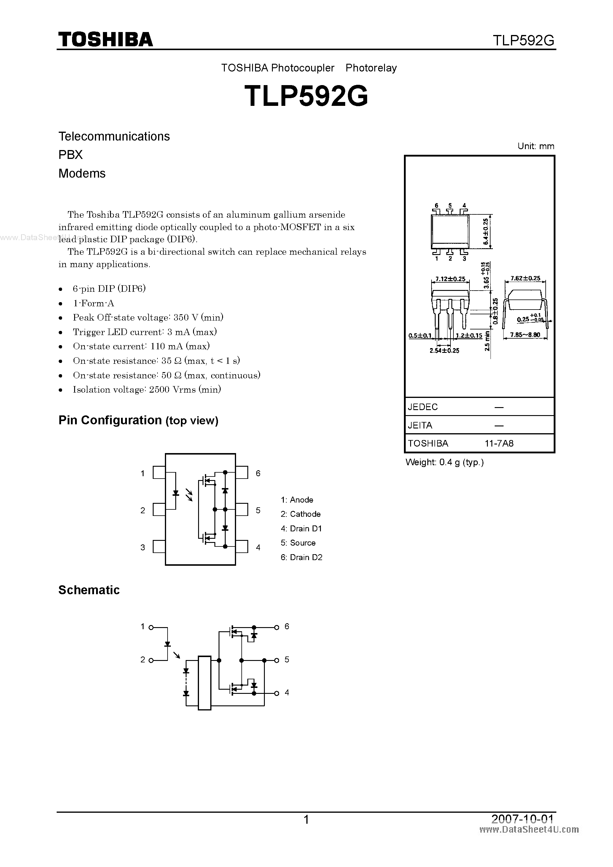 Даташит TLP592G - Telecommunications страница 1