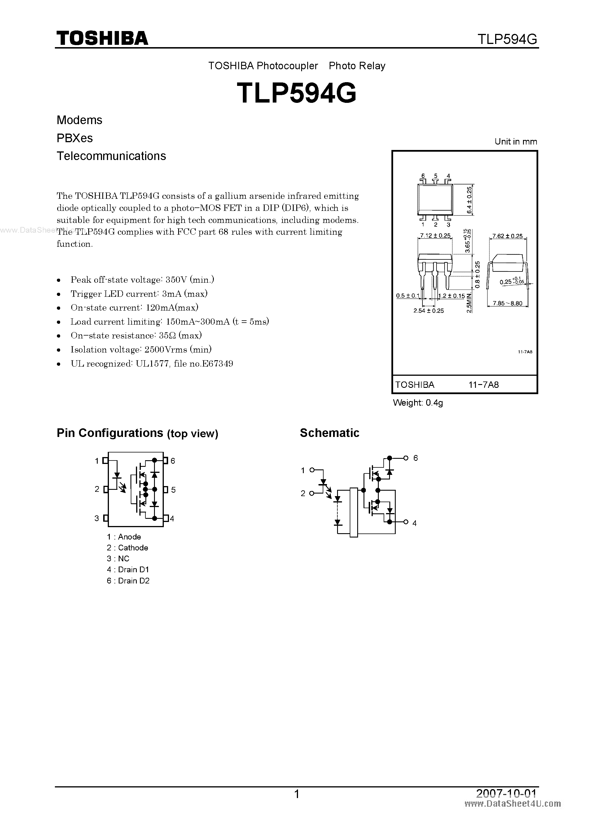 Даташит TLP594G - Telecommunications страница 1