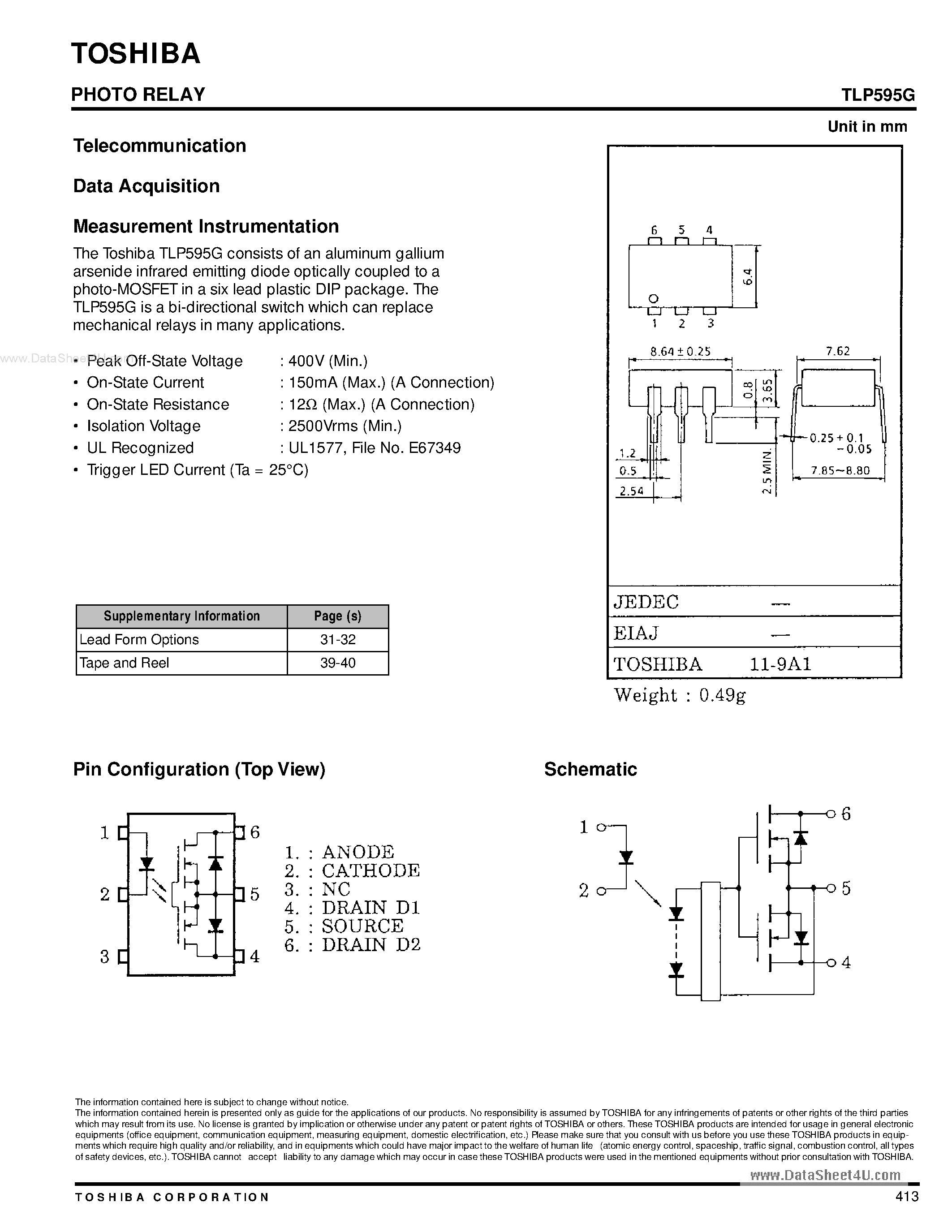 Даташит TLP595G - photo-MOSFET страница 1