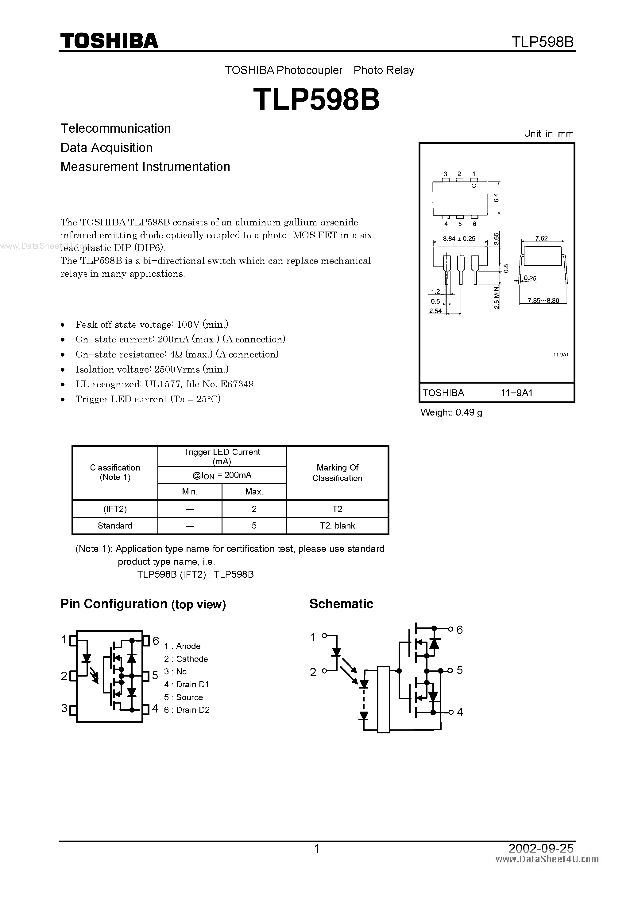 Даташит TLP598B - Photocoupler Photo Relay страница 1