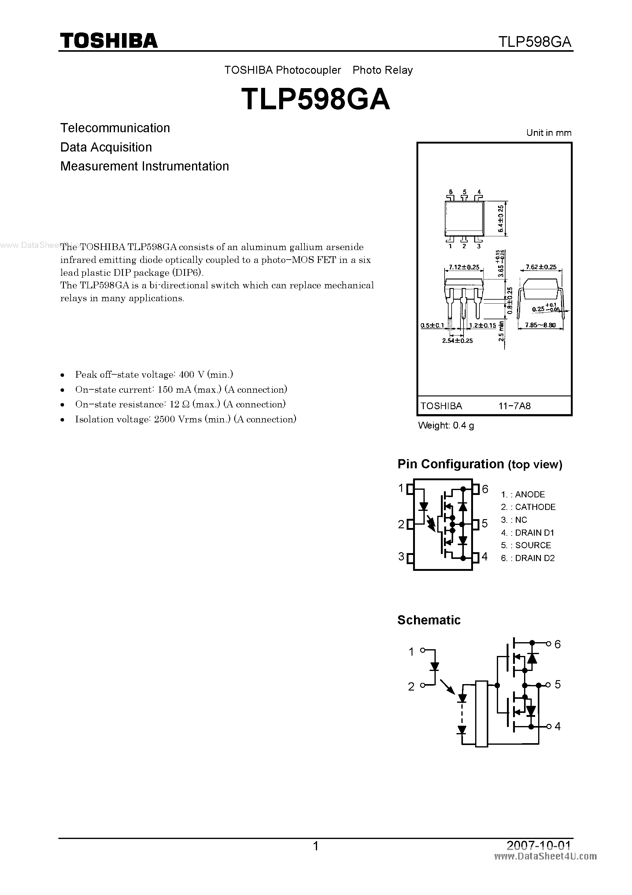 Даташит TLP598GA - Measurement Instrumentation страница 1