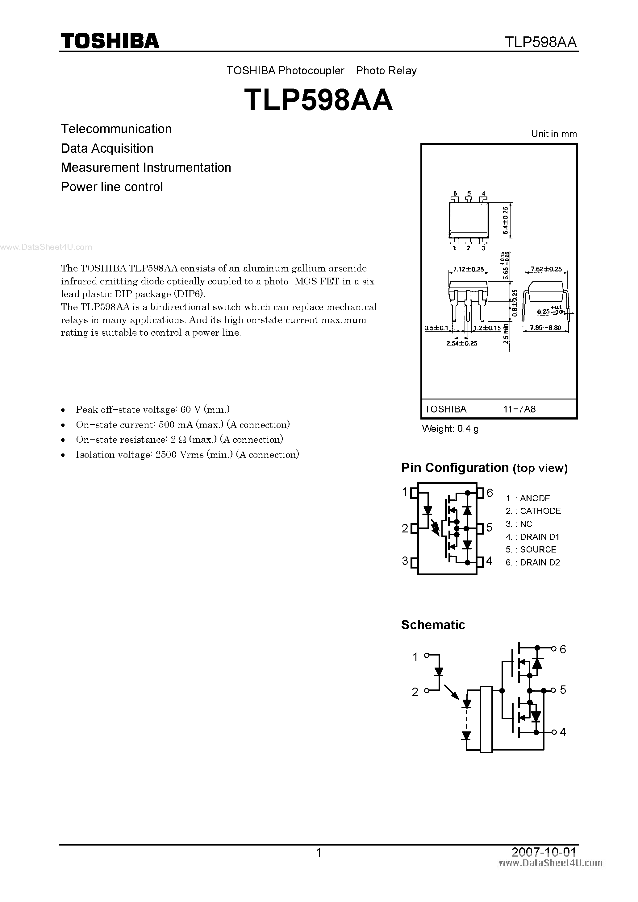 Даташит TLP598AA - Measurement Instrumentation страница 1