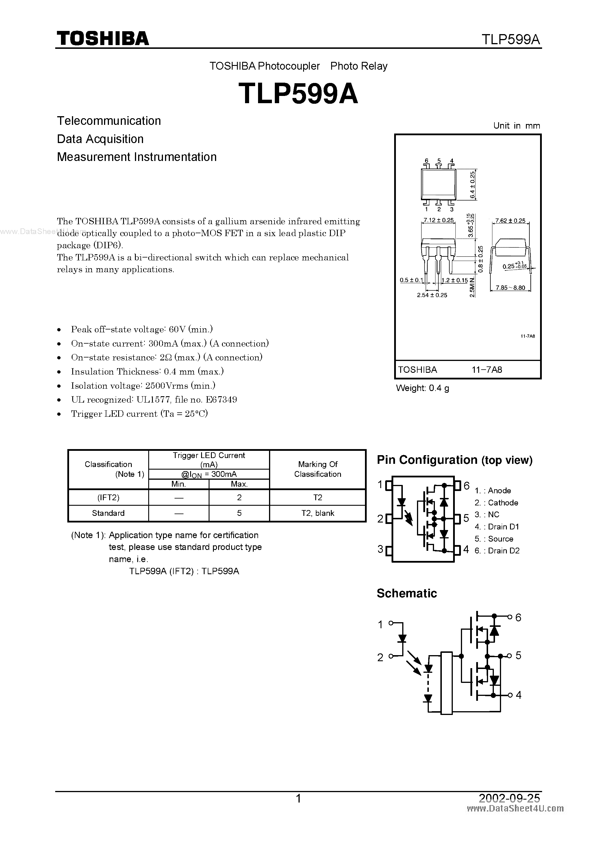 Даташит TLP599A - Telecommunication Data Acquisit Measurement Instrumentation страница 1