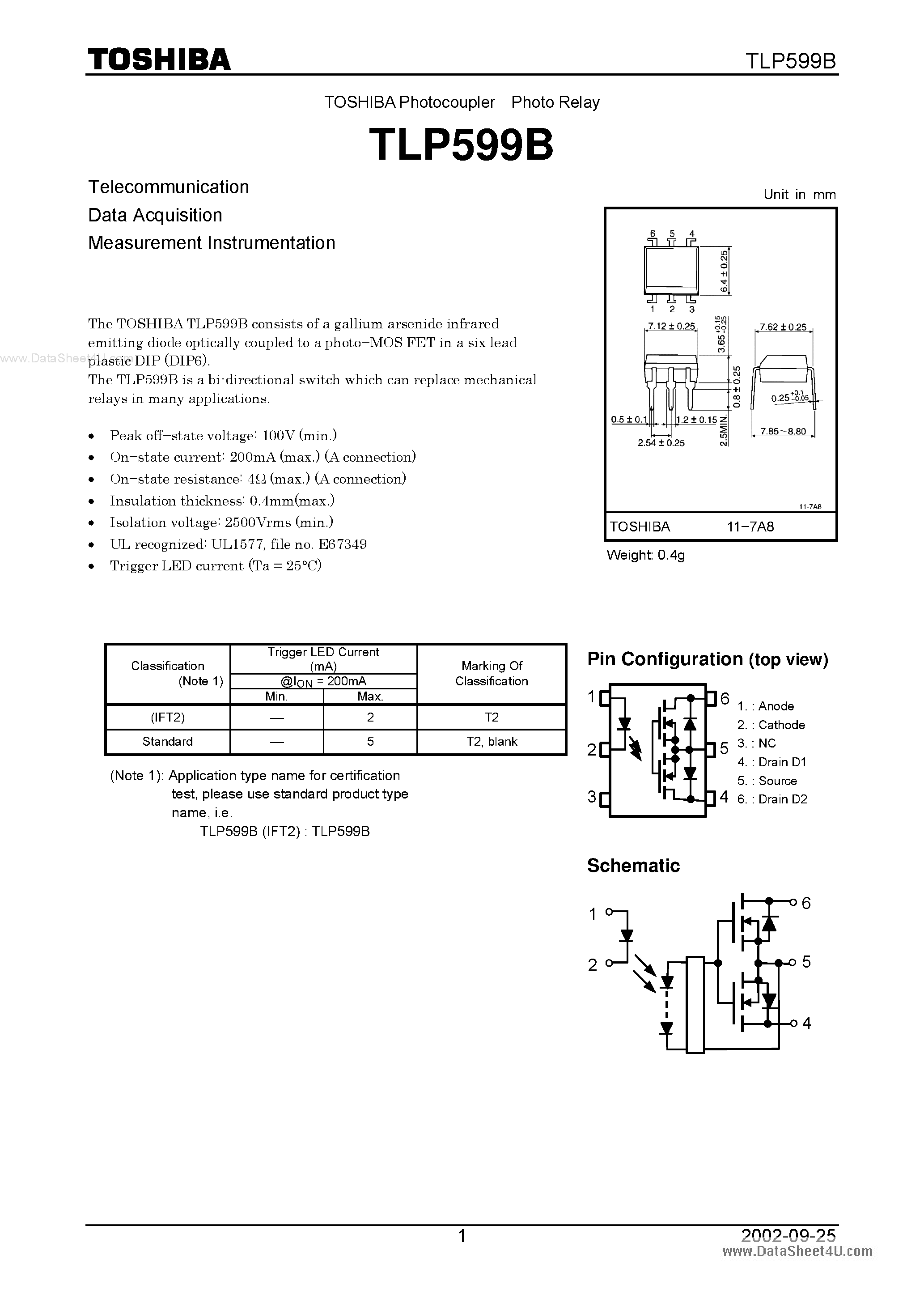 Даташит TLP599B - Telecommunication Data Acquisit Measurement Instrumentation страница 1