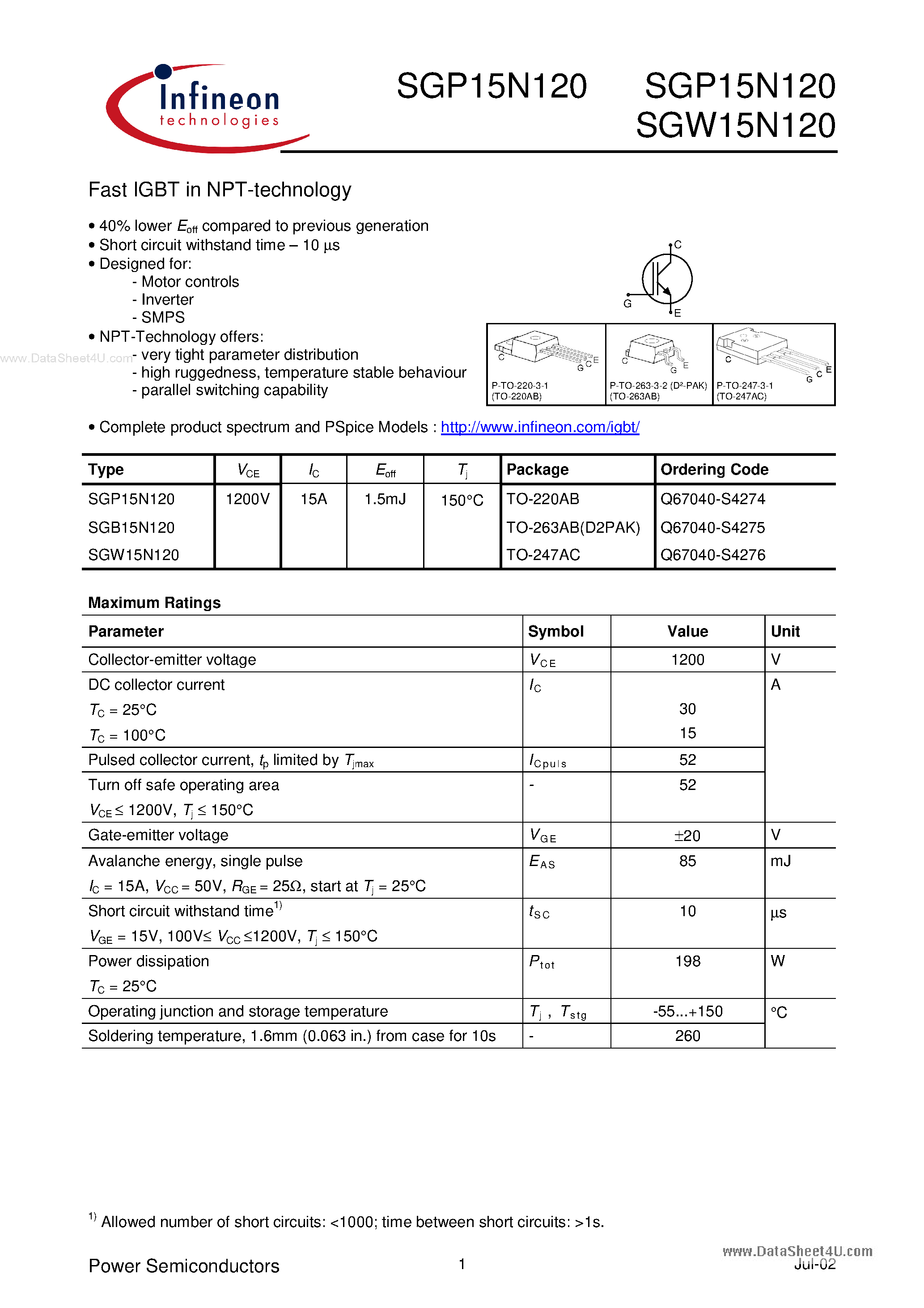 Datasheet SGP15N120 - Fast S-igbt in Npt-technology page 1