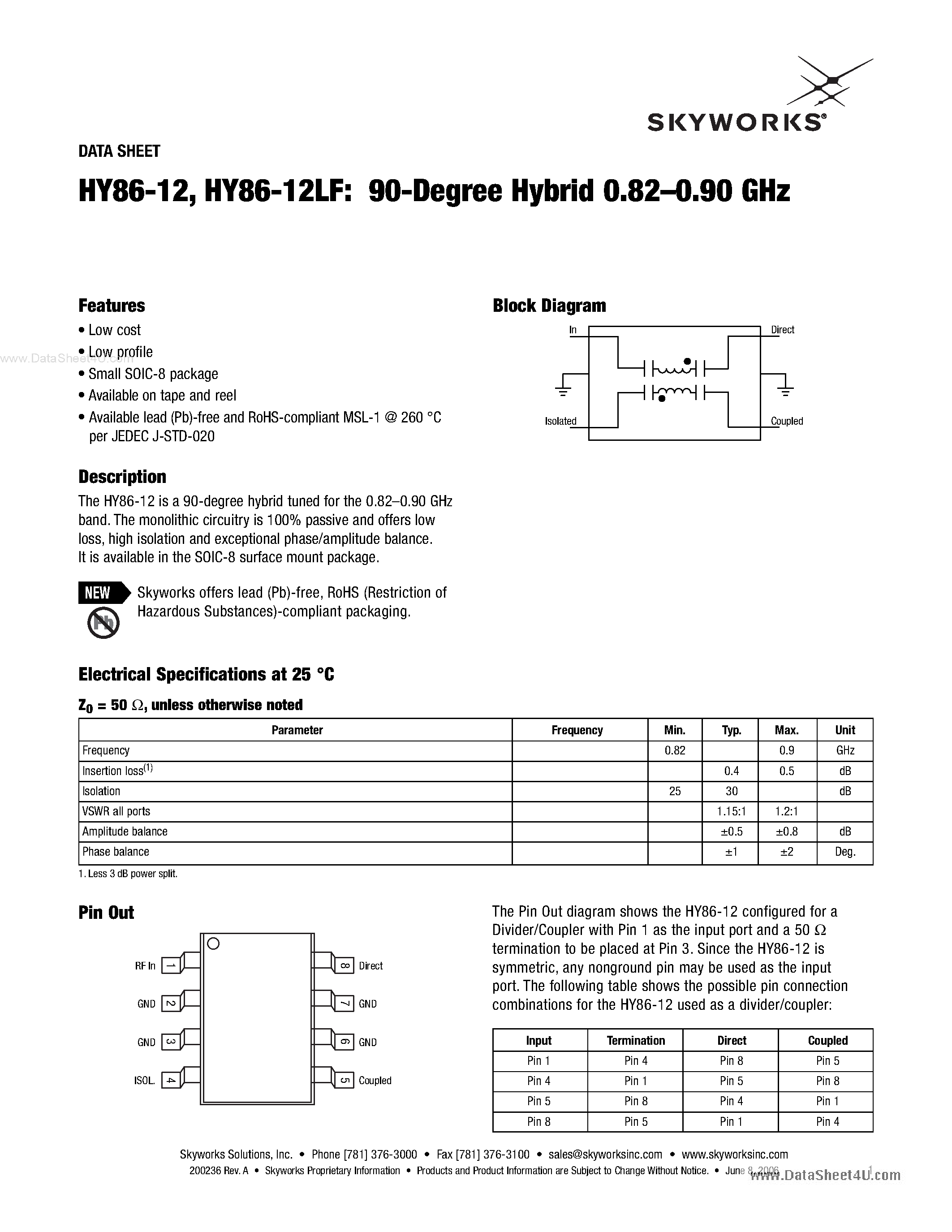 Datasheet HY86-12 - 90-Degree Hybrid 0.82-0.90 GHz page 1