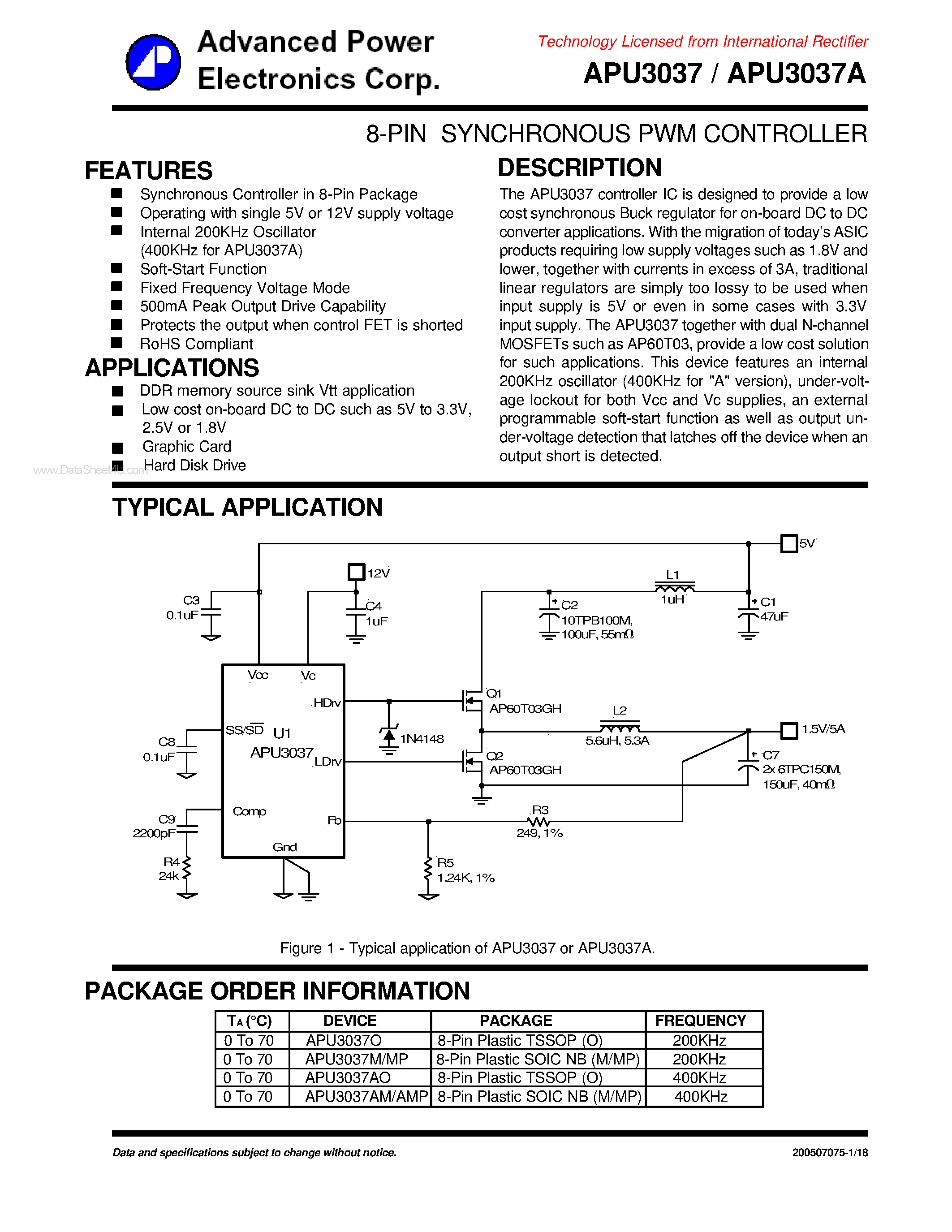 Даташит на микросхему APU3037 страница 1 Даташит APU3037 - 8-PIN SYNCHRONOUS PWM CONTROLLER страница 1