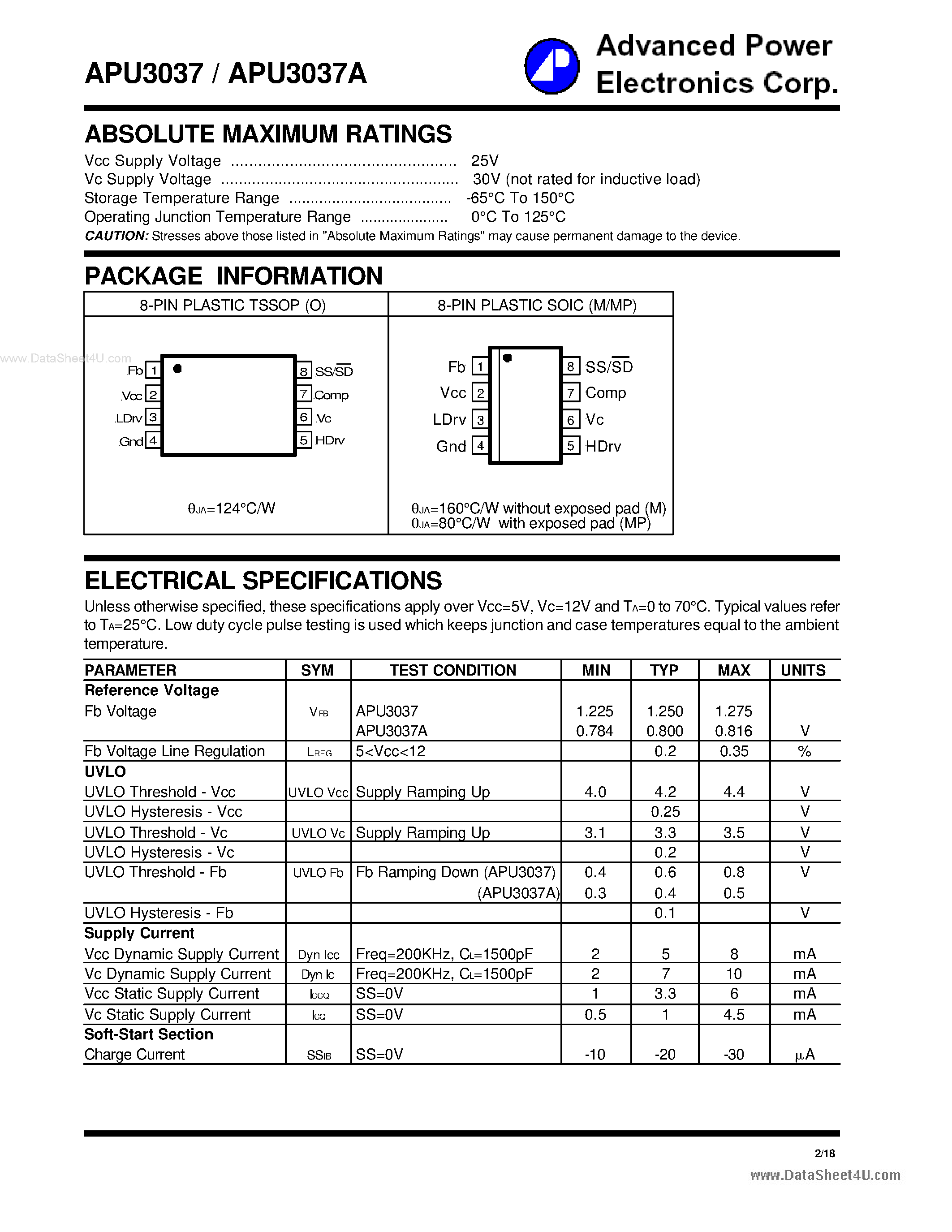 Даташит на микросхему APU3037 страница 2 Даташит APU3037 - 8-PIN SYNCHRONOUS PWM CONTROLLER страница 2