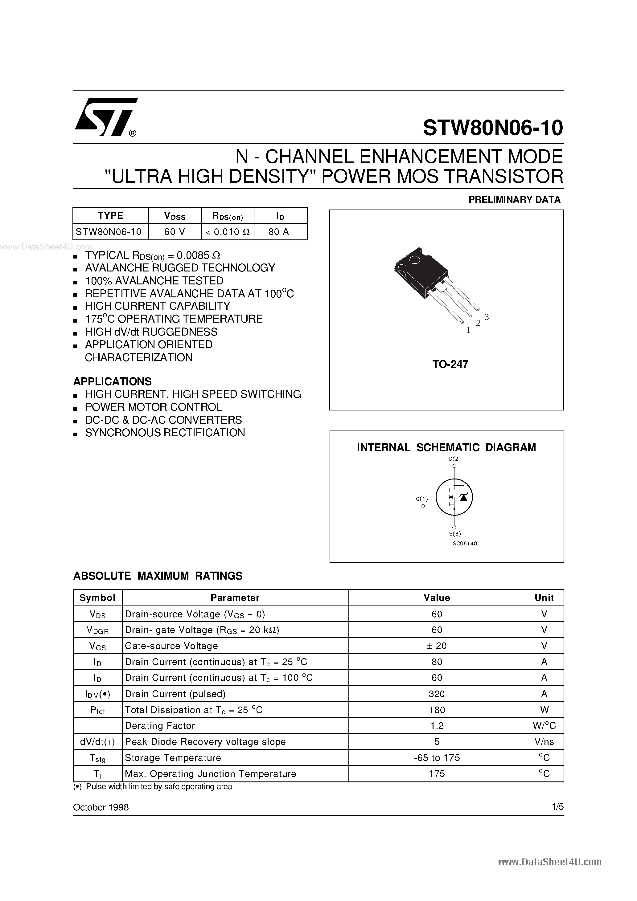 Datasheet STW80N06-10 page 1 Datasheet STW80N06-10 - N - CHANNEL ENHANCEMENT MODE ULTRA HIGH DENSITY POWER MOS TRANSISTOR page 1
