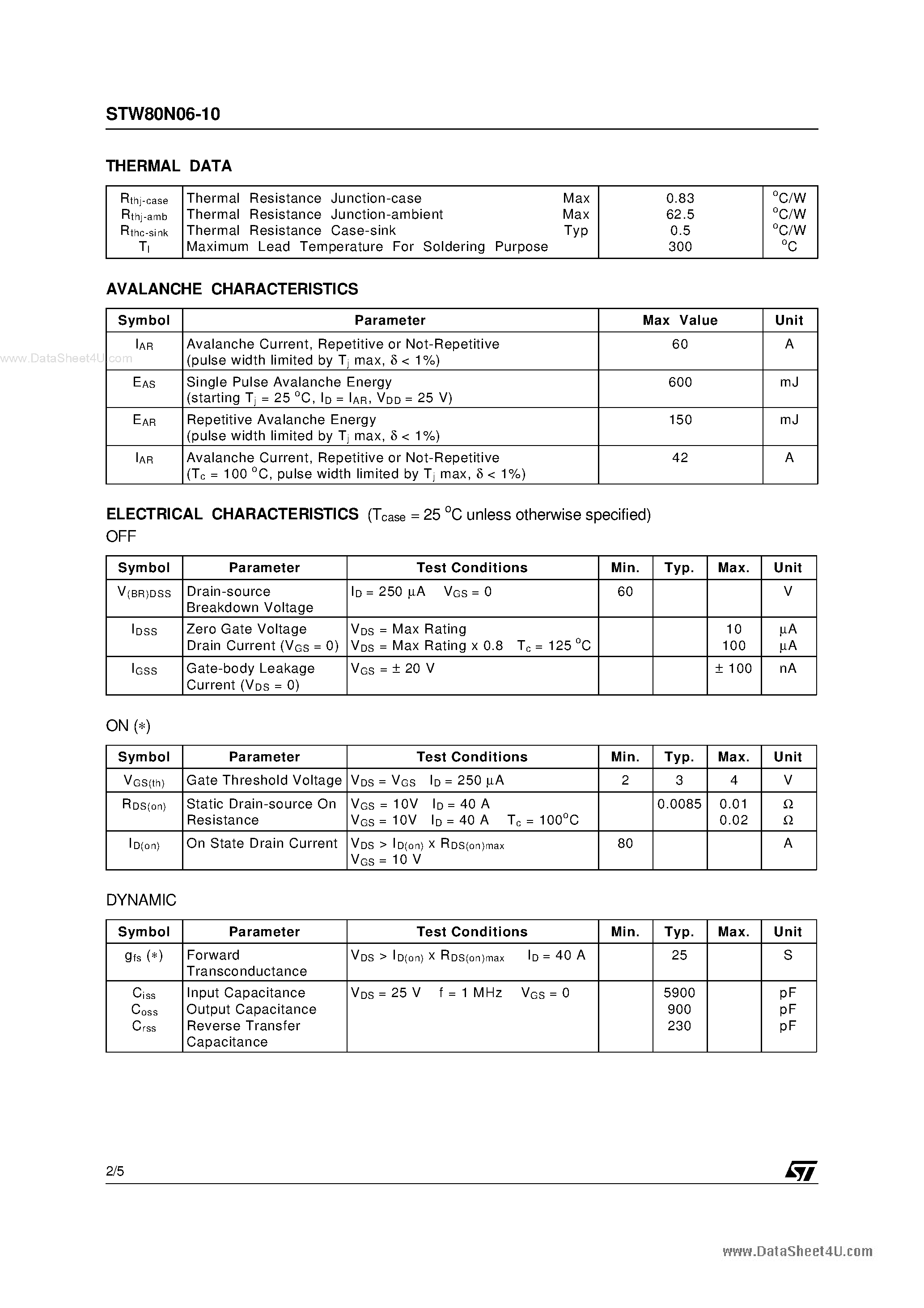 Datasheet STW80N06-10 page 2 Datasheet STW80N06-10 - N - CHANNEL ENHANCEMENT MODE ULTRA HIGH DENSITY POWER MOS TRANSISTOR page 2