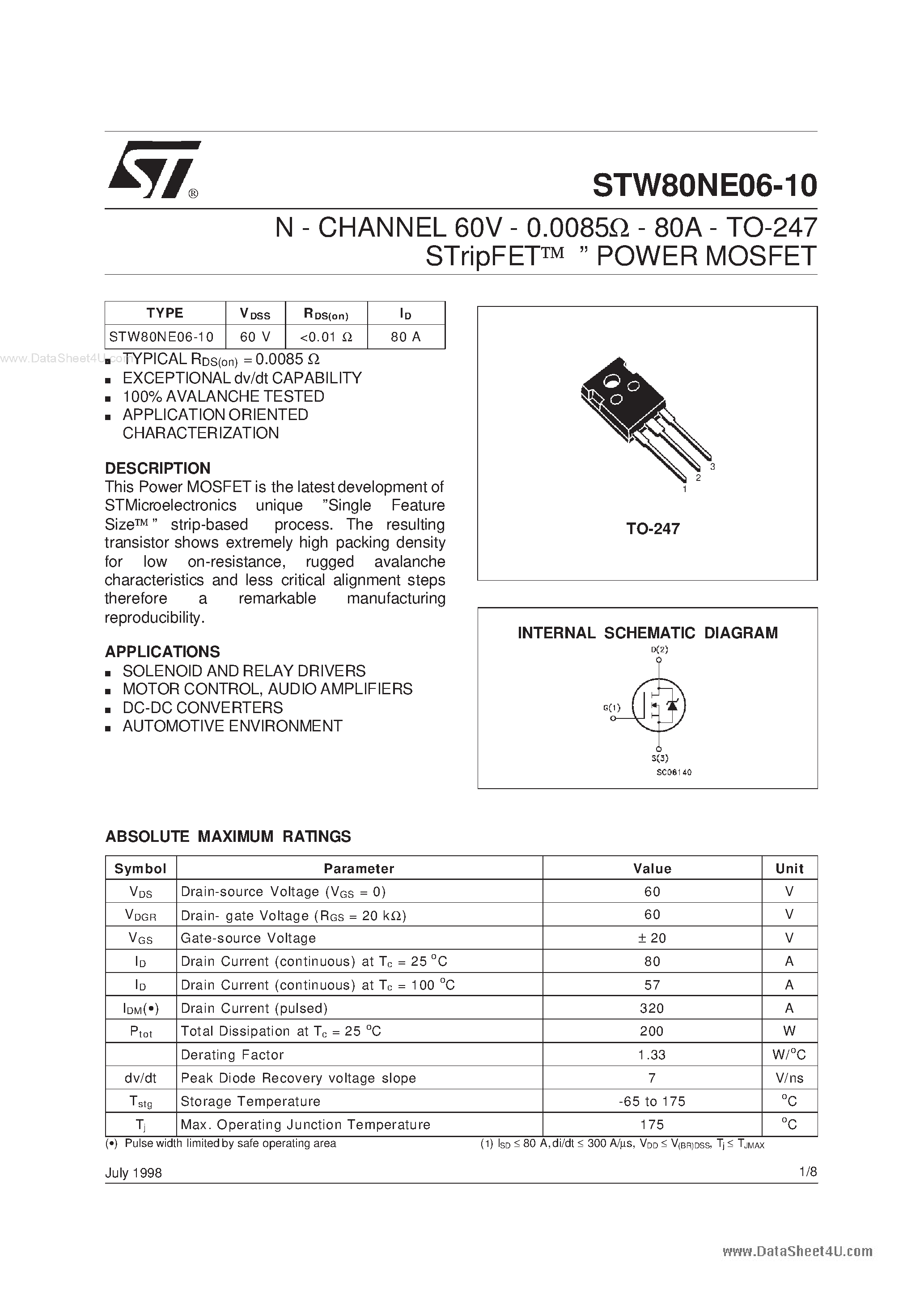 Datasheet STW80NE06-10 page 1 Datasheet STW80NE06-10 - N - CHANNEL STripFET POWER MOSFET page 1