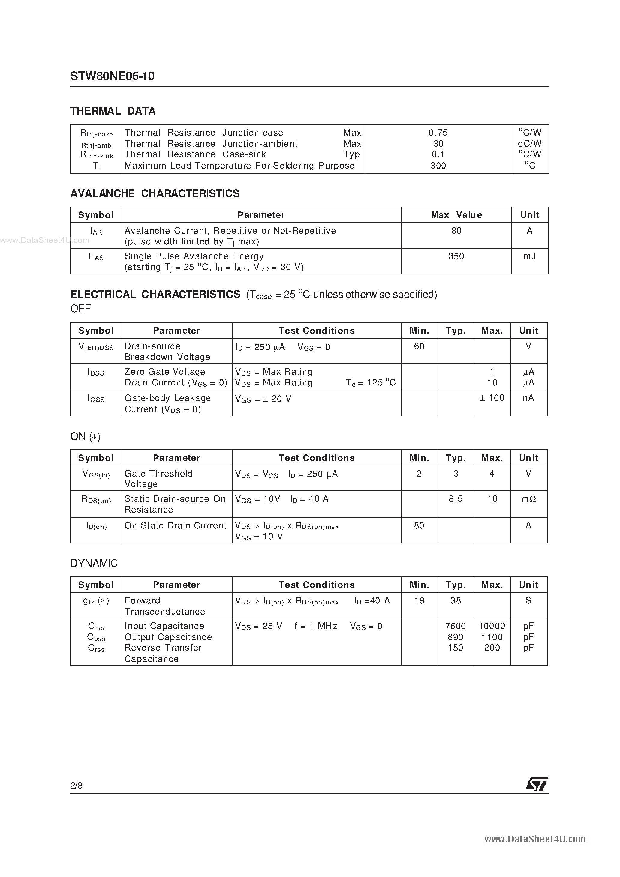 Datasheet STW80NE06-10 page 2 Datasheet STW80NE06-10 - N - CHANNEL STripFET POWER MOSFET page 2