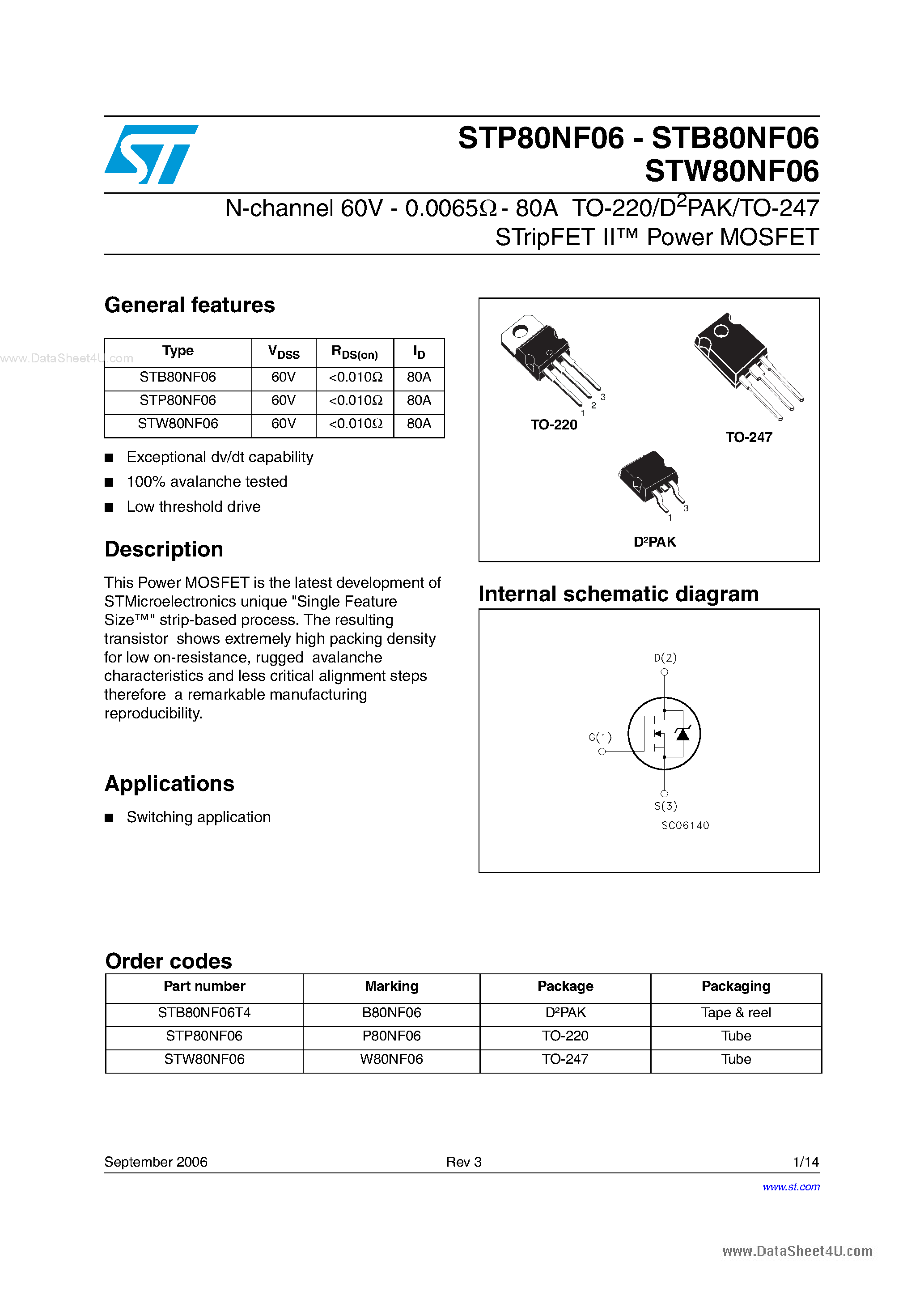 Datasheet STW80NF06 page 1 Datasheet STW80NF06 - N-CHANNEL POWER MOSFET page 1