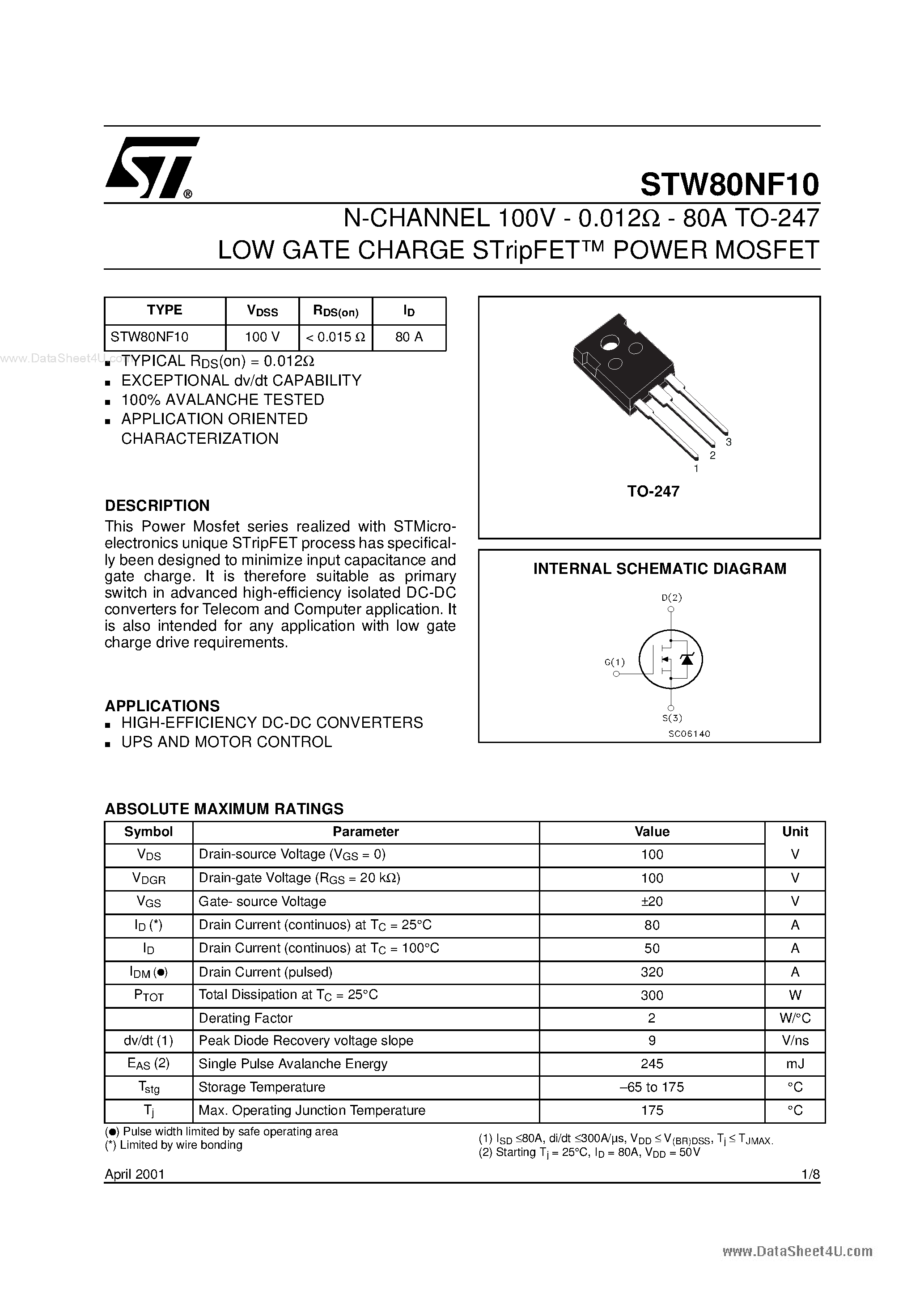 Datasheet STW80NF10 - N-CHANNEL POWER MOSFET page 1