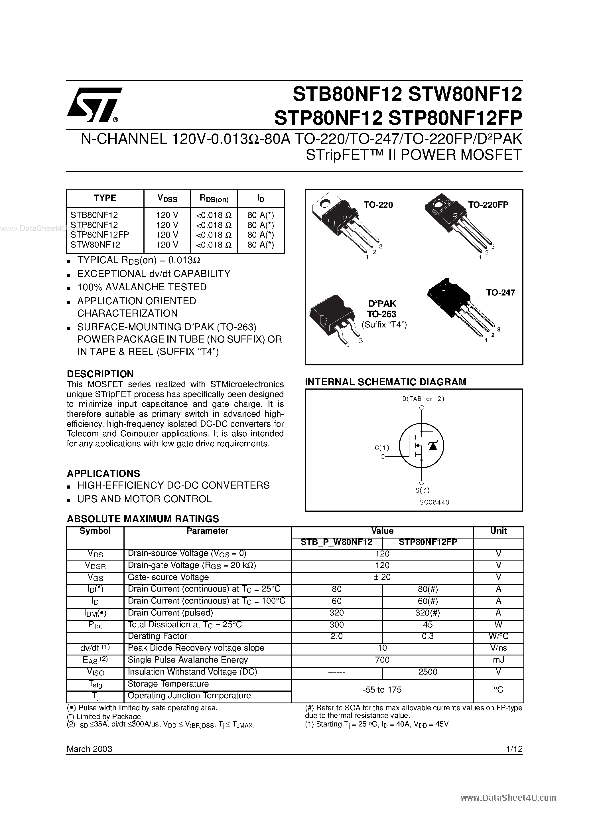 Datasheet STW80NF12 page 1 Datasheet STW80NF12 - N-CHANNEL POWER MOSFET page 1