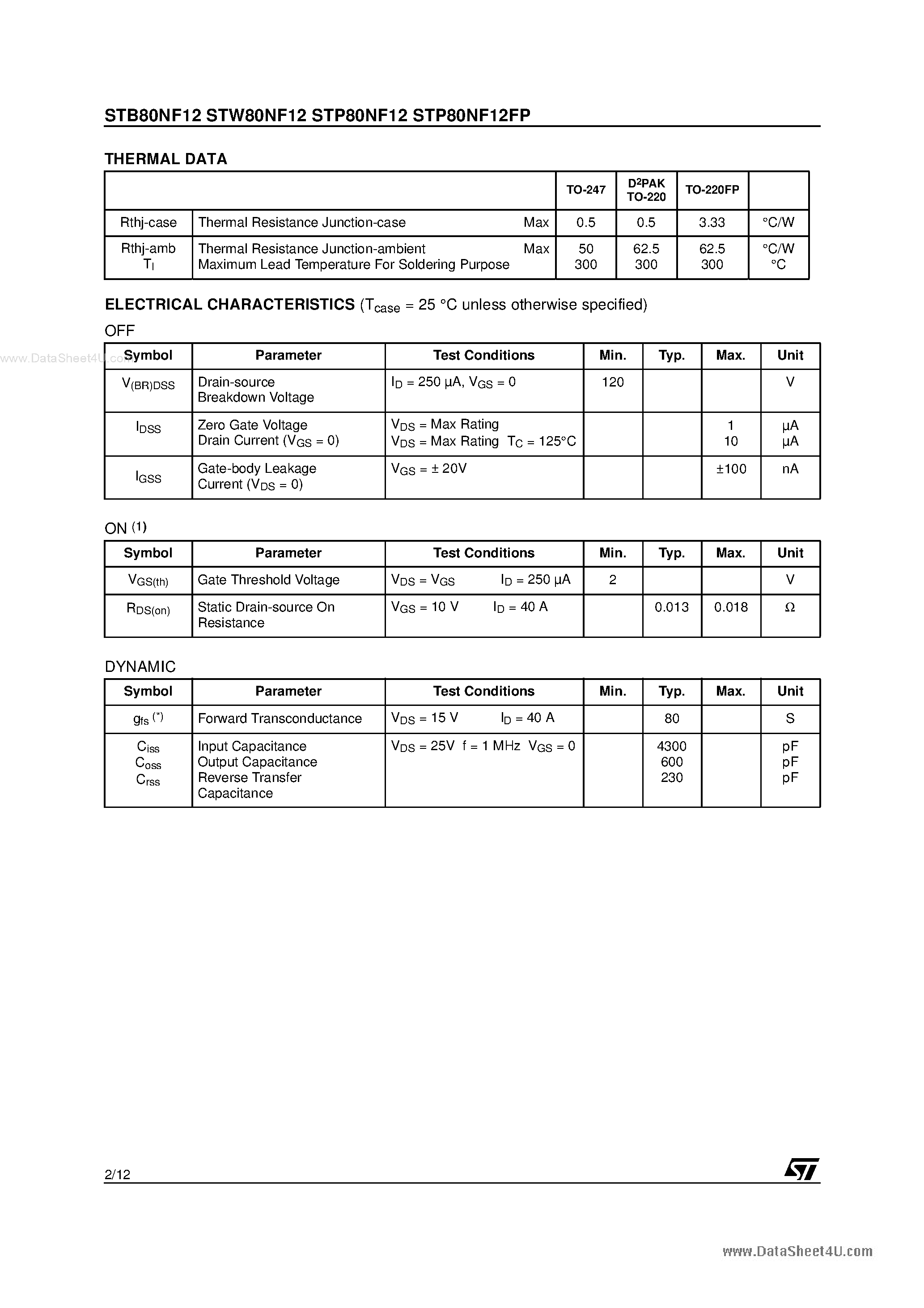 Datasheet STW80NF12 page 2 Datasheet STW80NF12 - N-CHANNEL POWER MOSFET page 2