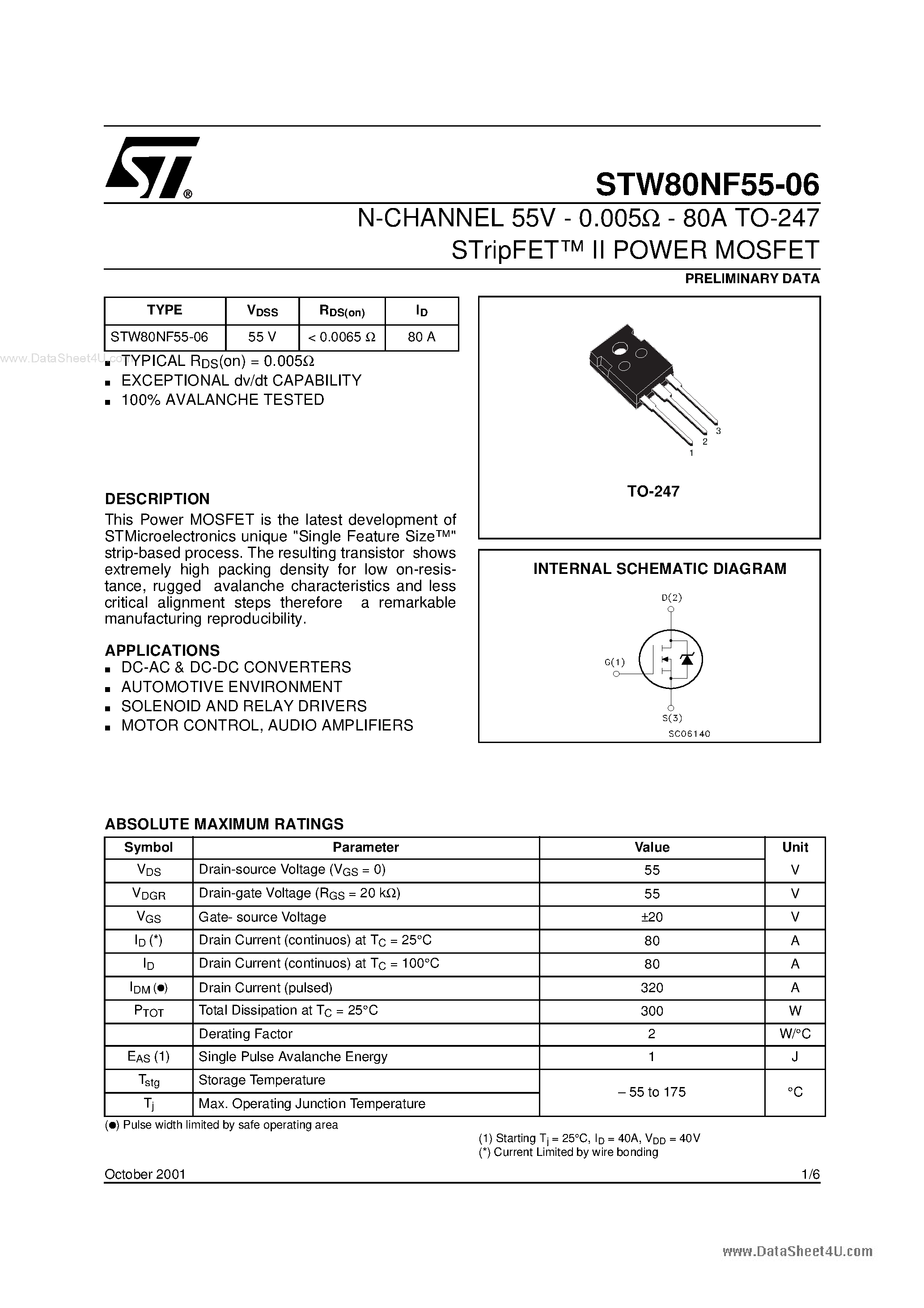 Datasheet STW80NF55-06 page 1 Datasheet STW80NF55-06 - N-CHANNEL POWER MOSFET page 1