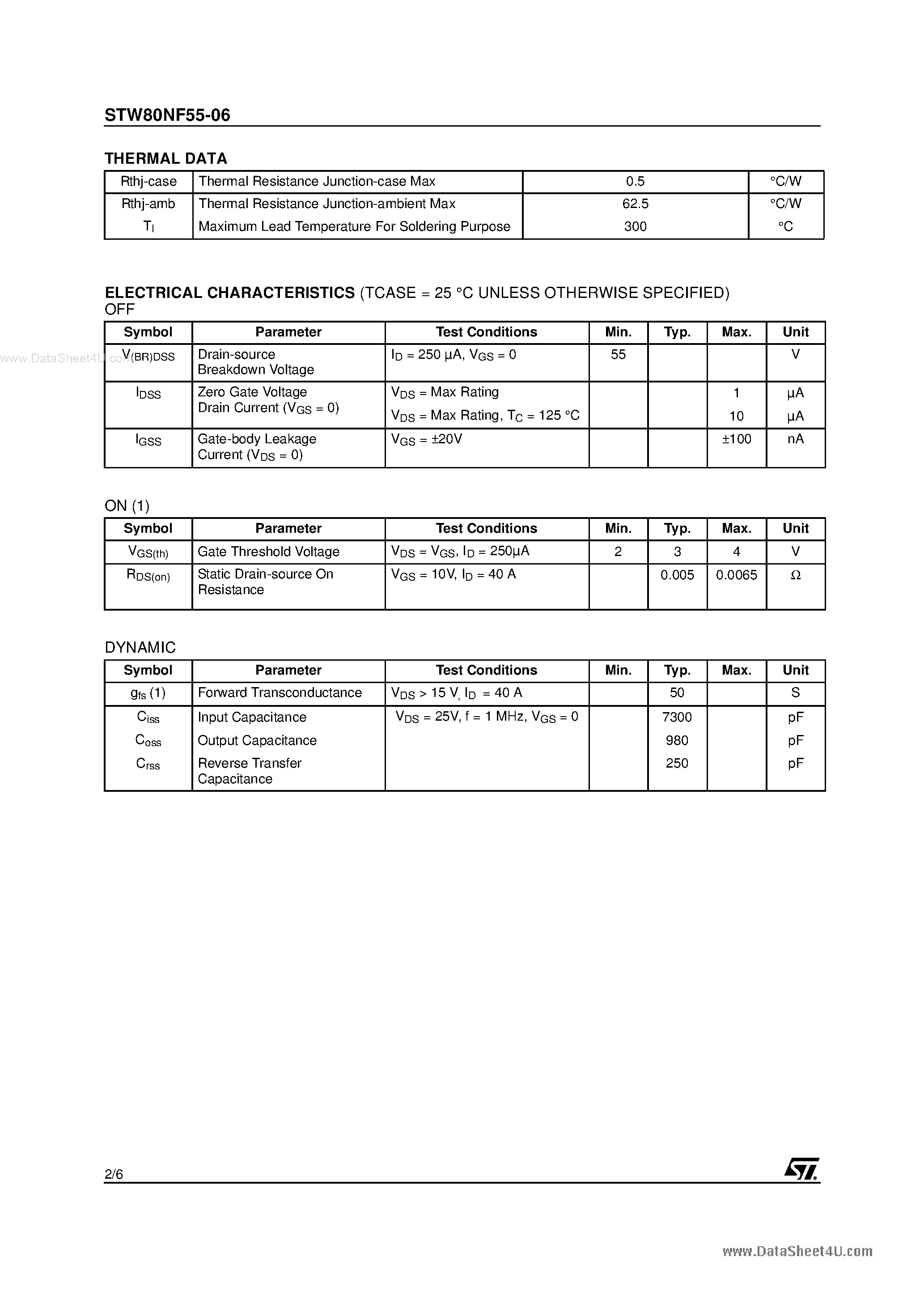 Datasheet STW80NF55-06 page 2 Datasheet STW80NF55-06 - N-CHANNEL POWER MOSFET page 2