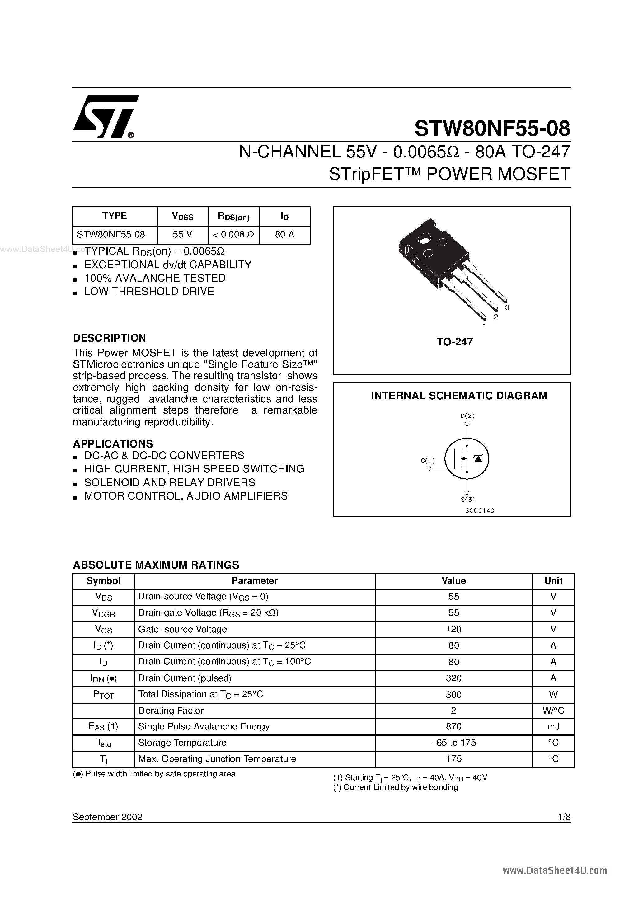 Datasheet STW80NF55-08 page 1 Datasheet STW80NF55-08 - N-CHANNEL POWER MOSFET page 1