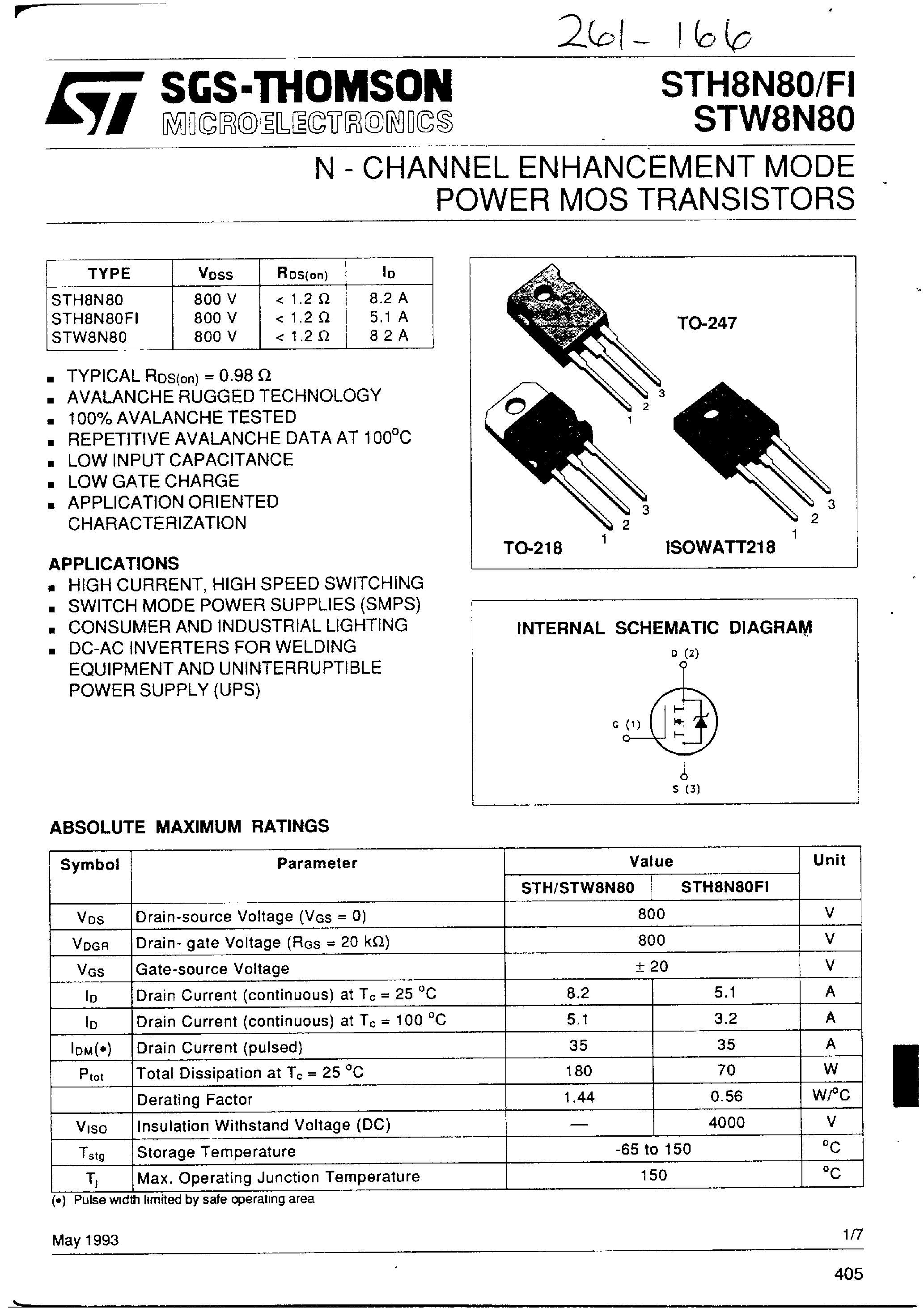 Datasheet STW8N80 - N-CHANNEL ENHANCEMENT MODE POWER MOS TRANSISTORS page 1
