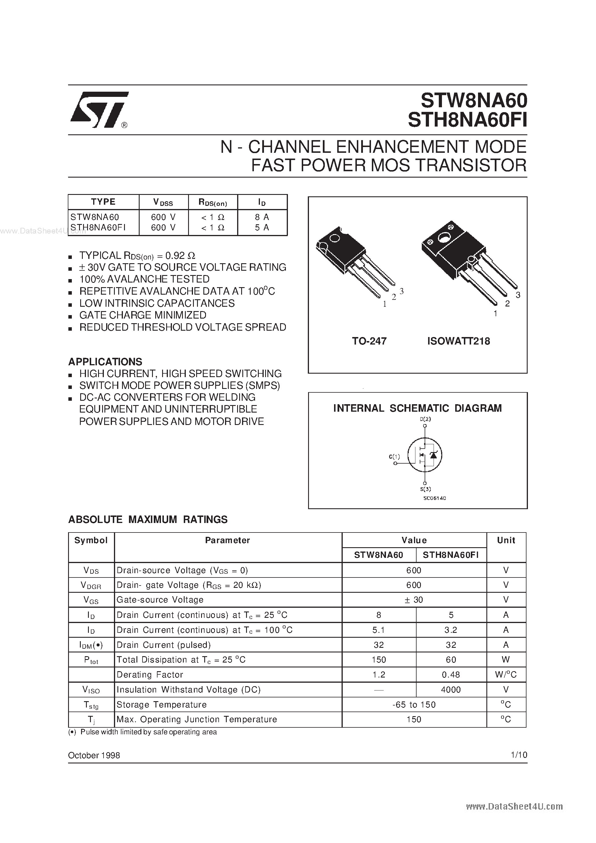 Datasheet STW8NA60 page 1 Datasheet STW8NA60 - N-CHANNEL ENHANCEMENT MODE POWER MOS TRANSISTORS page 1