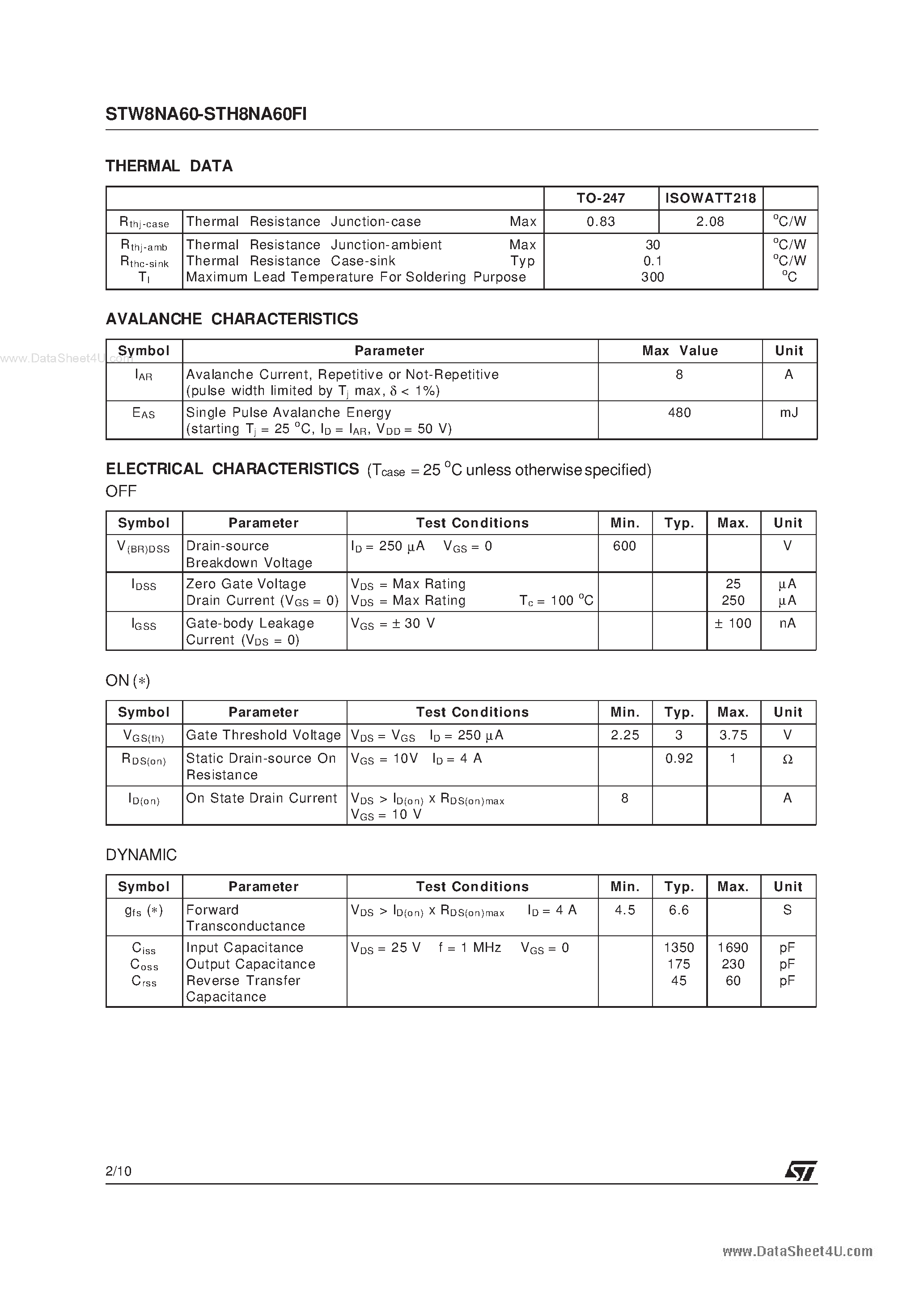 Datasheet STW8NA60 page 2 Datasheet STW8NA60 - N-CHANNEL ENHANCEMENT MODE POWER MOS TRANSISTORS page 2