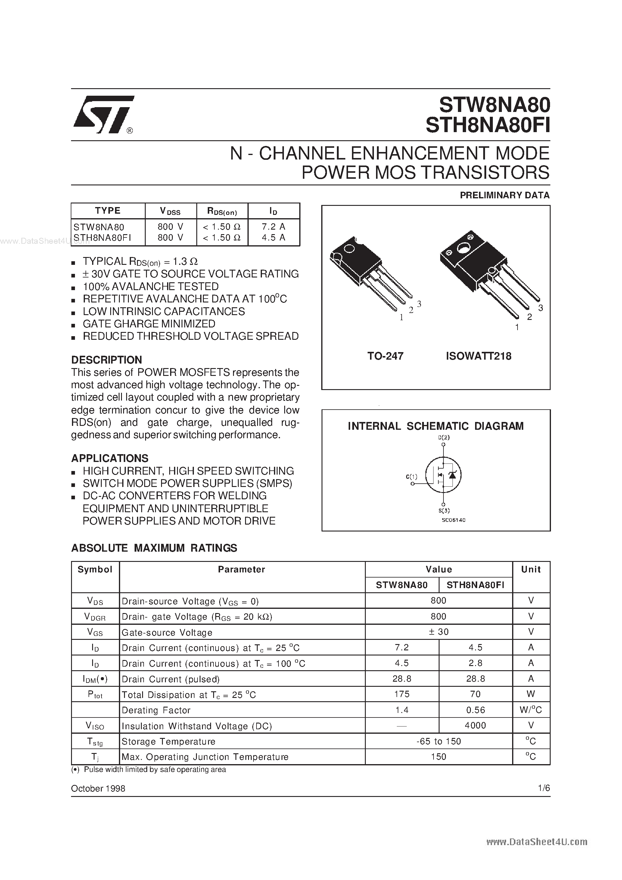 Datasheet STW8NA80 - N-CHANNEL ENHANCEMENT MODE POWER MOS TRANSISTORS page 1