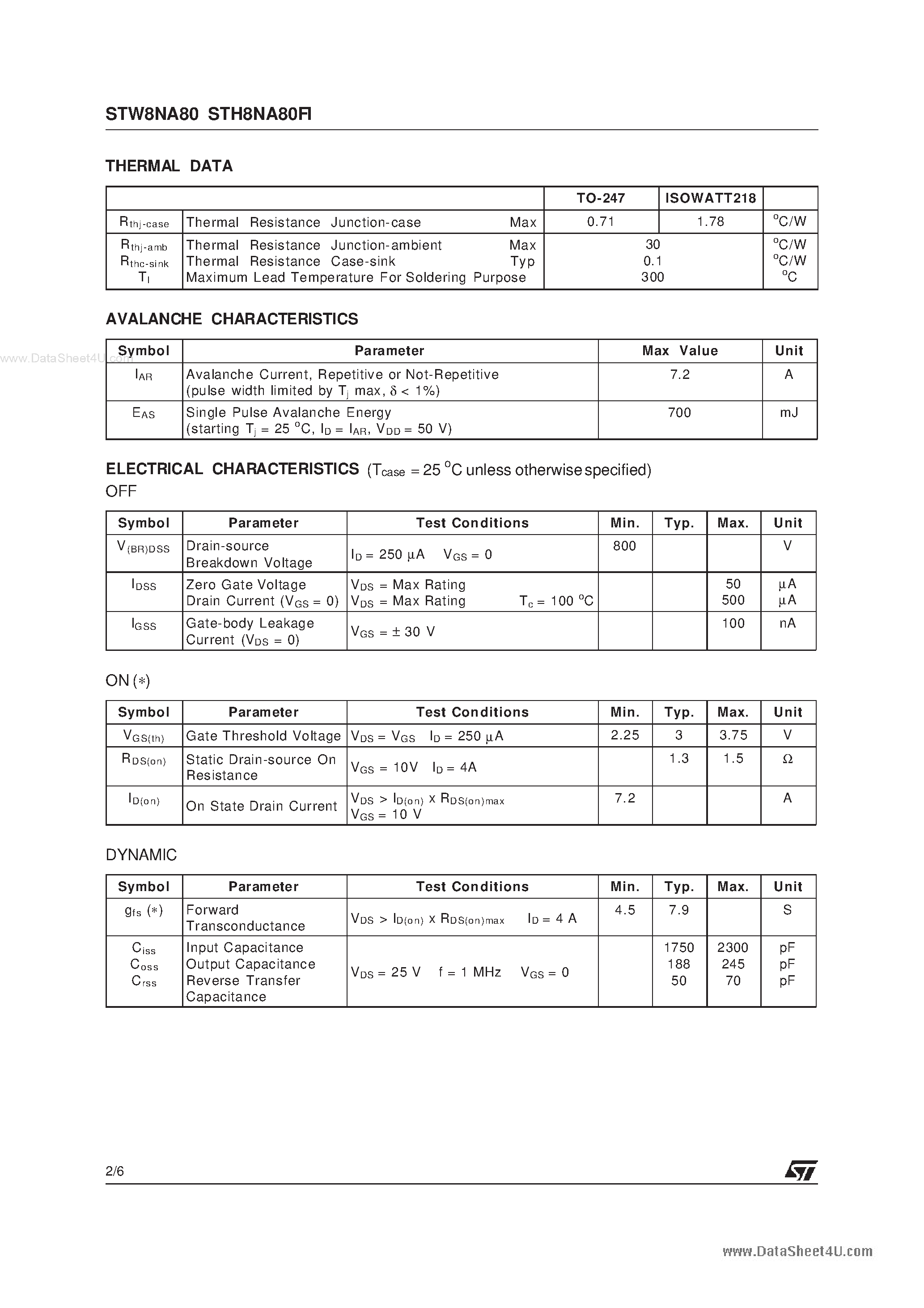 Datasheet STW8NA80 - N-CHANNEL ENHANCEMENT MODE POWER MOS TRANSISTORS page 2